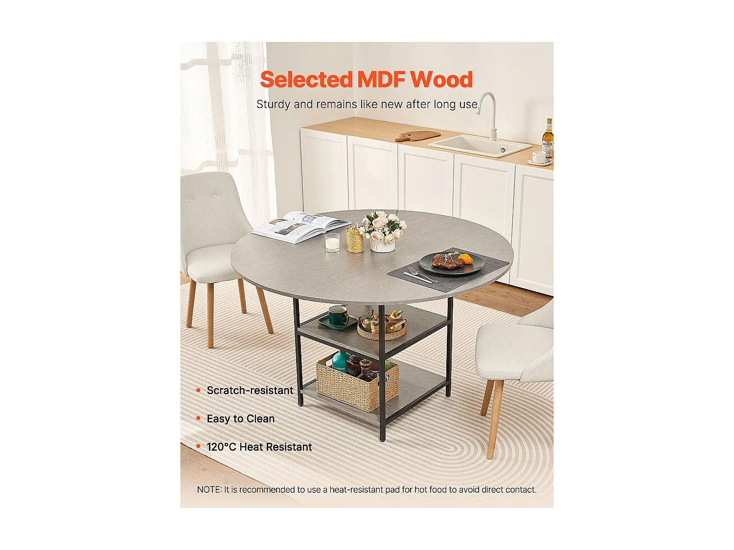 Ensemble Tafel SucceBuy Ronde Eettafel, 119 cm, Houten Eettafel voor 2-4 Personen, Modern Rond Meubel met Opbergplank en Metalen Poten, Grijs (Alleen Tafel)