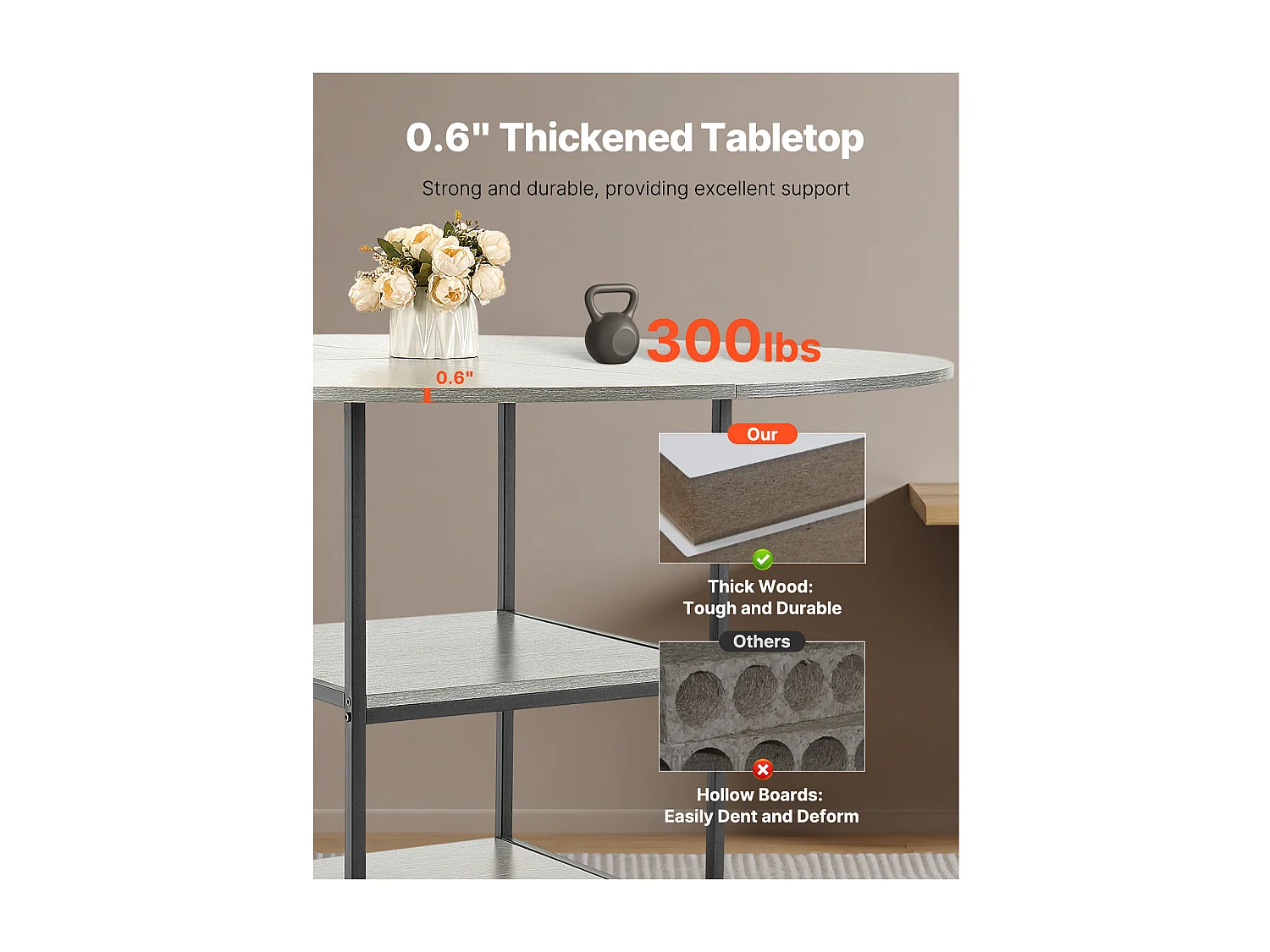 Ensemble Tafel SucceBuy Ronde Eettafel, 119 cm, Houten Eettafel voor 2-4 Personen, Modern Rond Meubel met Opbergplank en Metalen Poten, Grijs (Alleen Tafel)