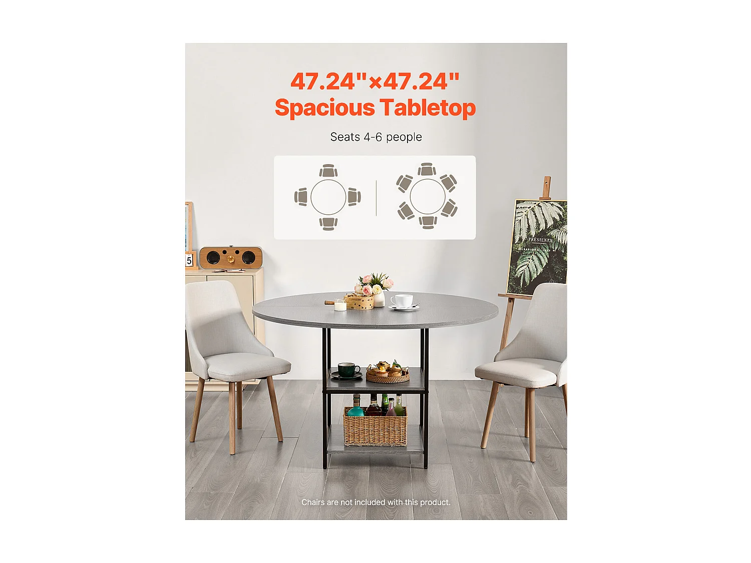 Ensemble Tafel SucceBuy Ronde Eettafel, 119 cm, Houten Eettafel voor 2-4 Personen, Modern Rond Meubel met Opbergplank en Metalen Poten, Grijs (Alleen Tafel)