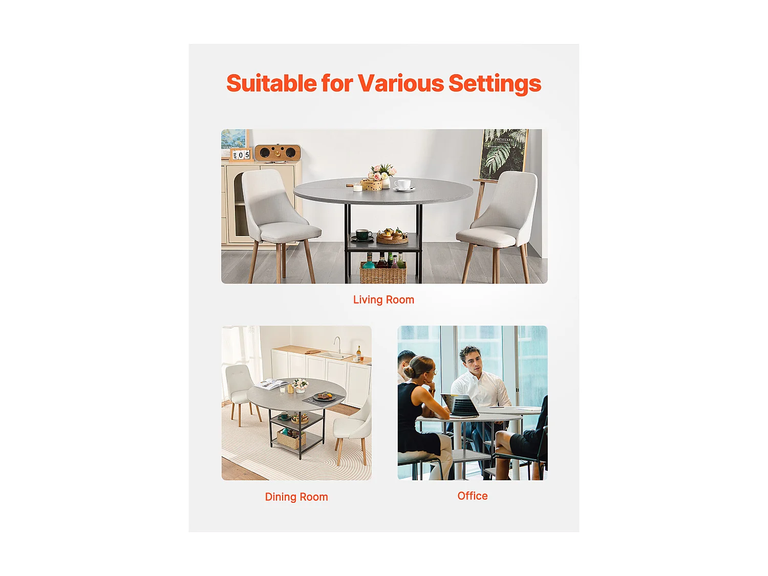 Ensemble Tafel SucceBuy Ronde Eettafel, 119 cm, Houten Eettafel voor 2-4 Personen, Modern Rond Meubel met Opbergplank en Metalen Poten, Grijs (Alleen Tafel)