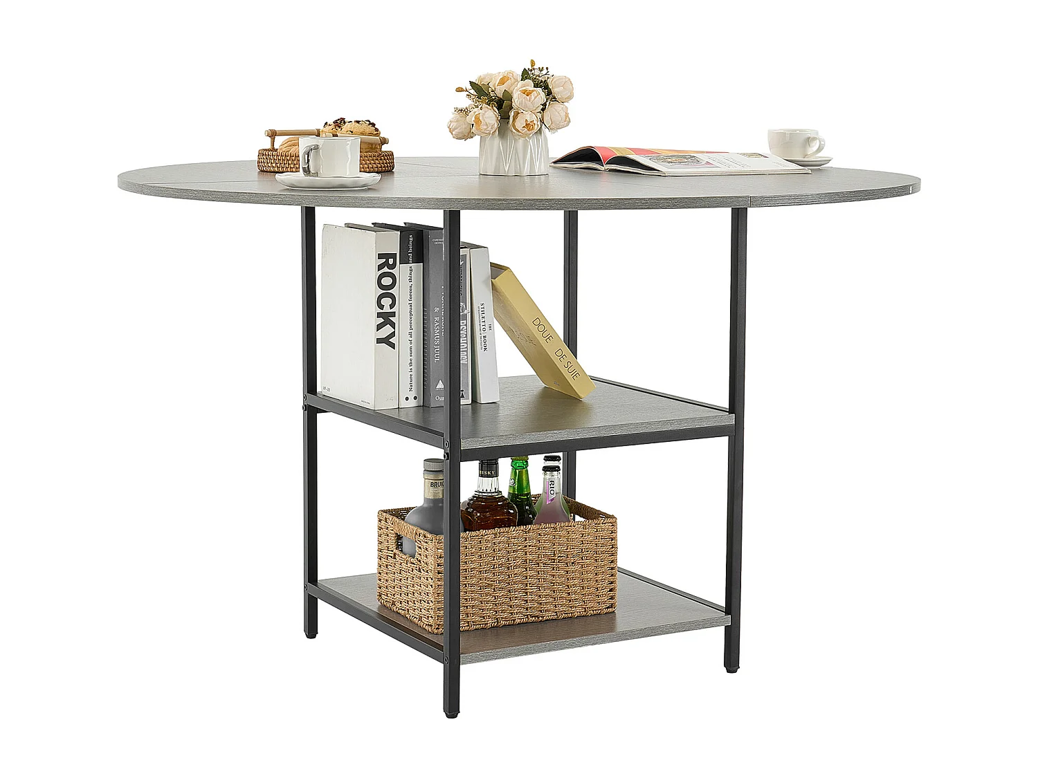 Ensemble Tafel SucceBuy Ronde Eettafel, 119 cm, Houten Eettafel voor 2-4 Personen, Modern Rond Meubel met Opbergplank en Metalen Poten, Grijs (Alleen Tafel)