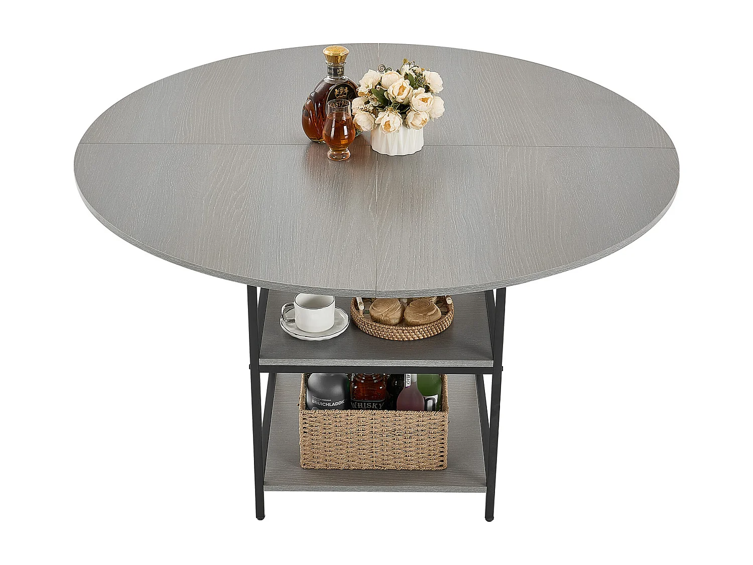 Ensemble Tafel SucceBuy Ronde Eettafel, 119 cm, Houten Eettafel voor 2-4 Personen, Modern Rond Meubel met Opbergplank en Metalen Poten, Grijs (Alleen Tafel)