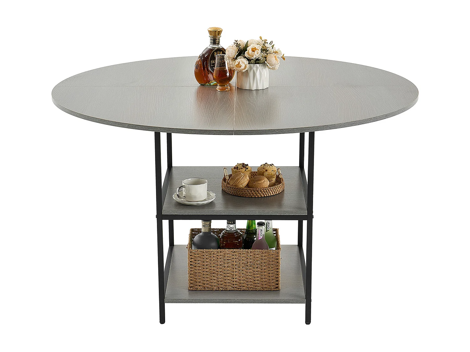 Ensemble Tafel SucceBuy Ronde Eettafel, 119 cm, Houten Eettafel voor 2-4 Personen, Modern Rond Meubel met Opbergplank en Metalen Poten, Grijs (Alleen Tafel)