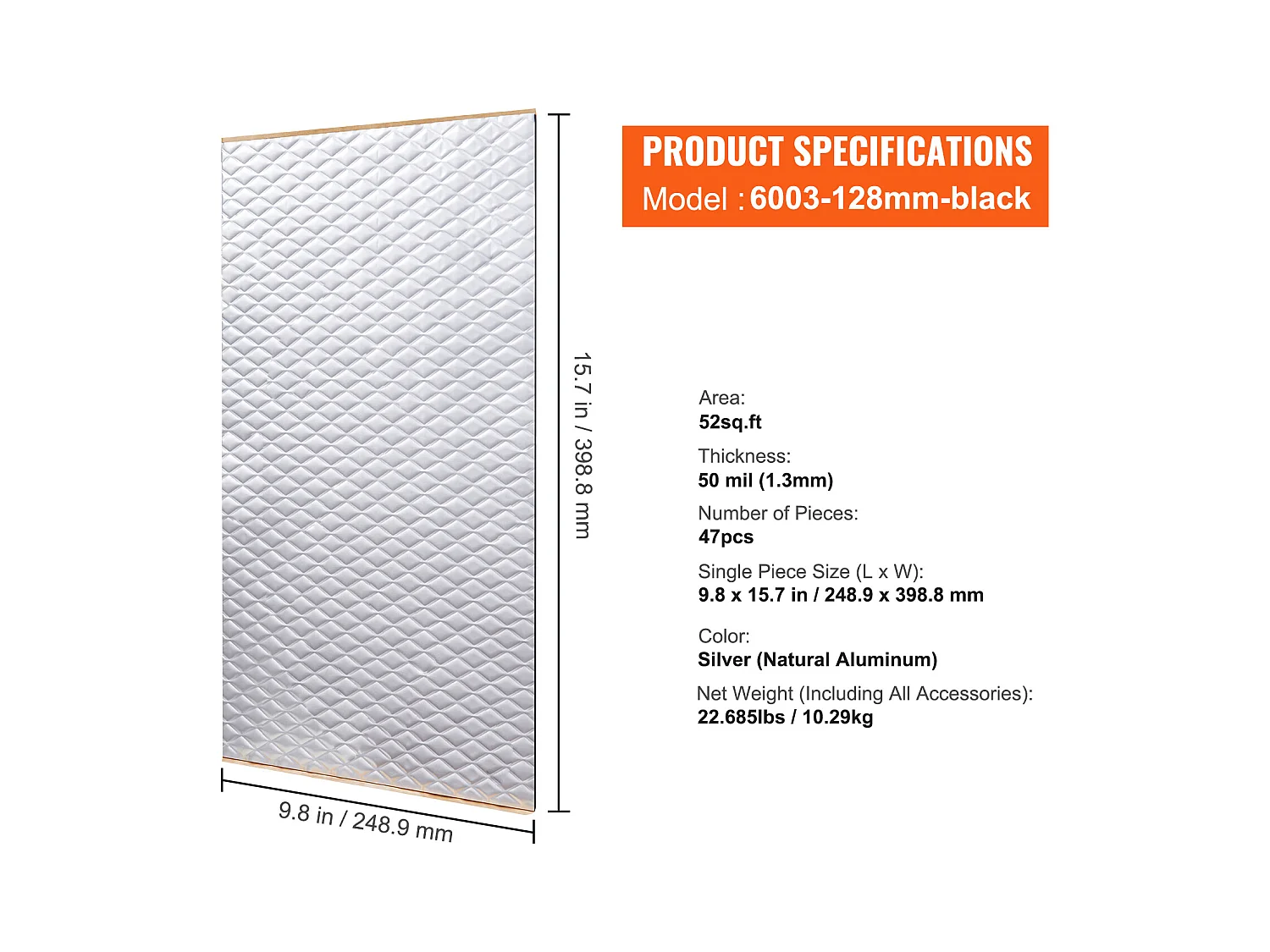 Tapis d'Isolation Phonique SucceBuy Feuille d'Absorption Acoustique 4,8 m² 24,9 x 39,9 x 0,13 cm pour Véhicule