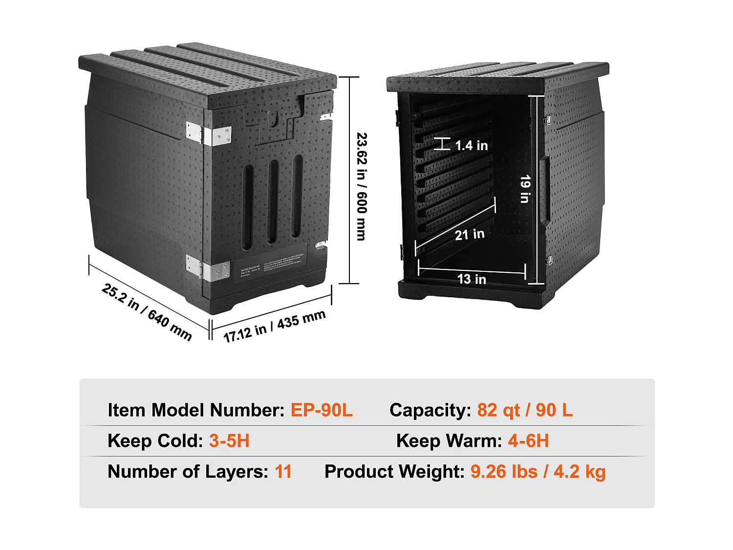 Caixa de Transporte Isolado SucceBuy, Contêiner Alimentar Isolado 78 L, Transporte Portátil Negro com Carga Frontal