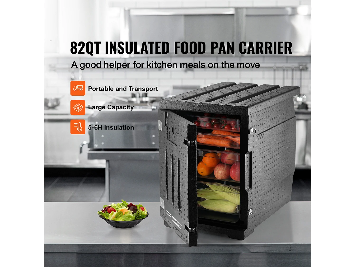 Caixa de Transporte Isolado SucceBuy, Contêiner Alimentar Isolado 78 L, Transporte Portátil Negro com Carga Frontal