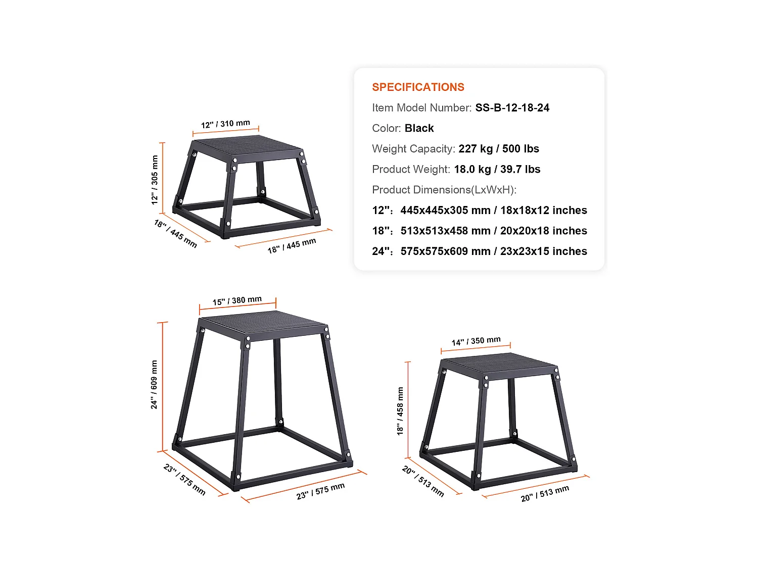 Boîte de Saut Pliométrique SucceBuy, Boîte de Pliométrie, 3PCs, 30.5/45.8/60.9 cm, Noir