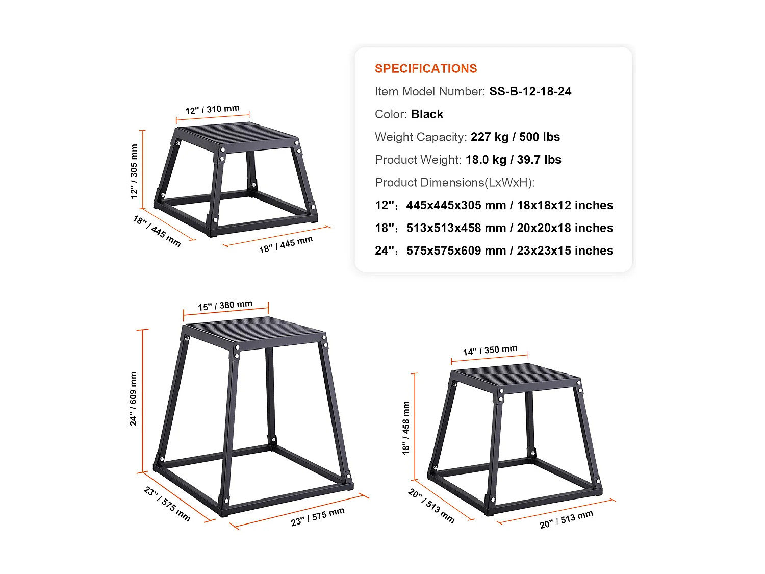 Boîte de Saut Pliométrique SucceBuy, Boîte de Pliométrie, 3PCs, 30.5/45.8/60.9 cm, Noir