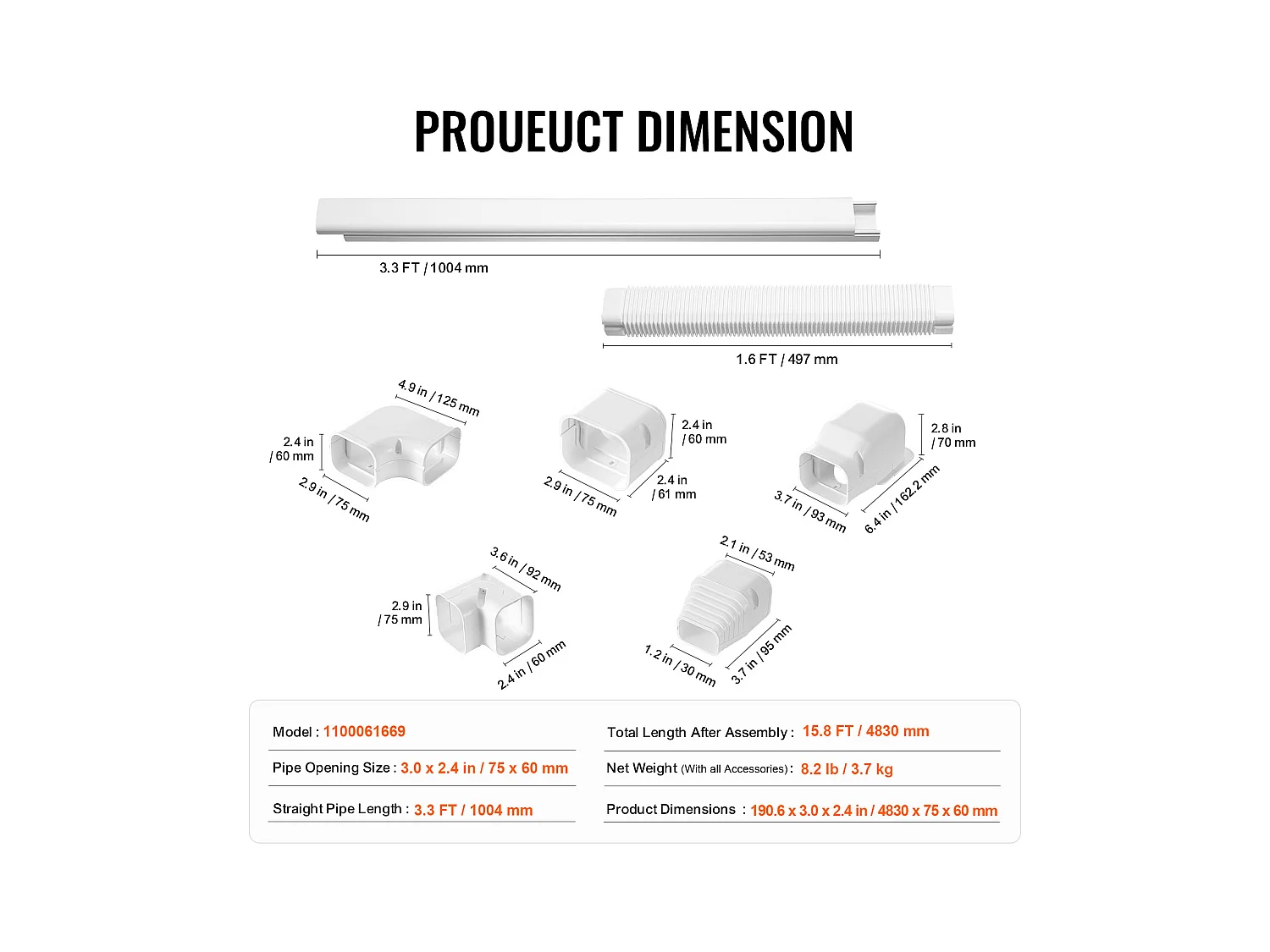 Couvercle de Ligne SucceBuy 7.62cm de Largeur 483 cm pour Mini-Split/Climatiseur, PVC Décoratif pour Climatiseur. 4 Conduits Droits et Composants, Blanc