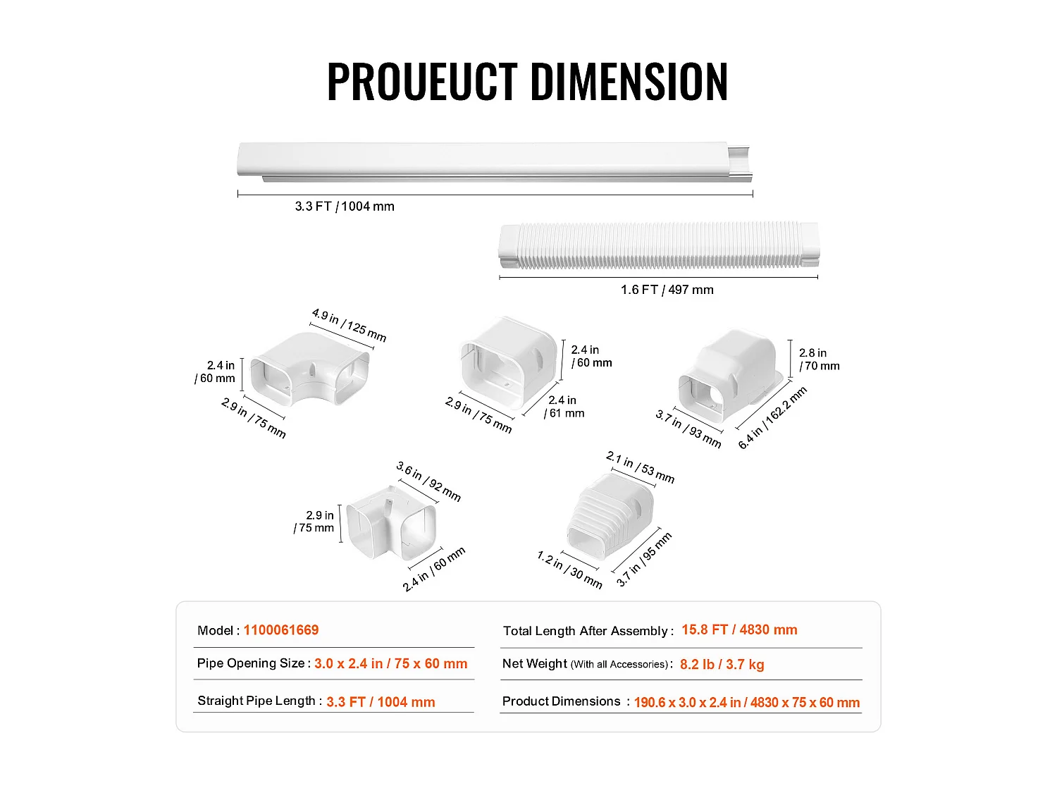Couvercle de Ligne SucceBuy 7.62cm de Largeur 483 cm pour Mini-Split/Climatiseur, PVC Décoratif pour Climatiseur. 4 Conduits Droits et Composants, Blanc