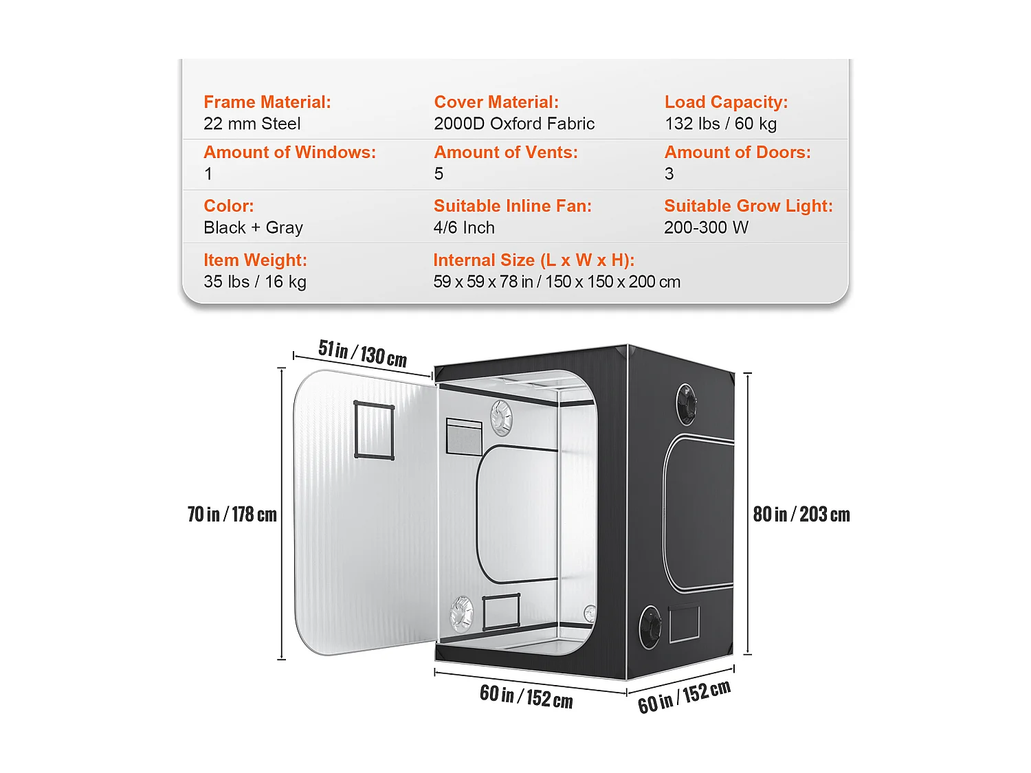 Tente de Culture SucceBuy 152x152x203 cm, Tente Hydroponique d'Intérieur avec Fenêtre, Porte et Plateau