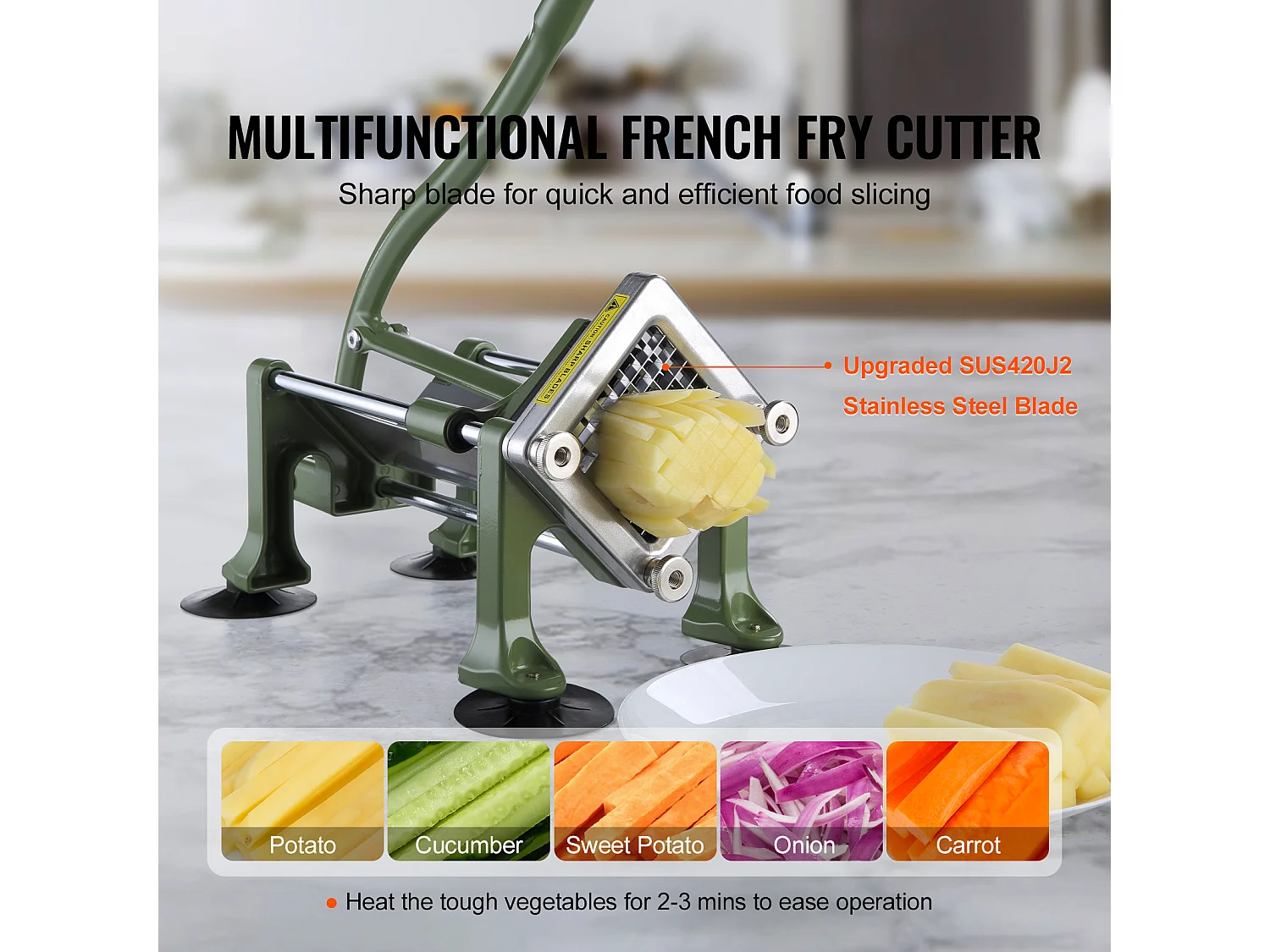 Coupe-frites et Légumes, SucceBuy Coupe-frites, un Hachoir Trancheur en Acier Inoxydable pour Pommes de Terre et Légumes avec 3 Lames