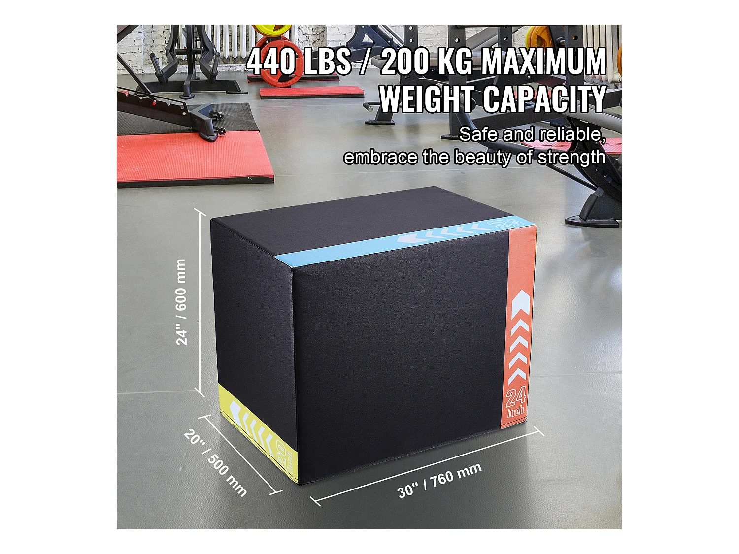 Boîte de Saut Pliométrique SucceBuy, Boîte de Pliométrie 3-en-1, 76/60/50 cm, Charge 200 kg