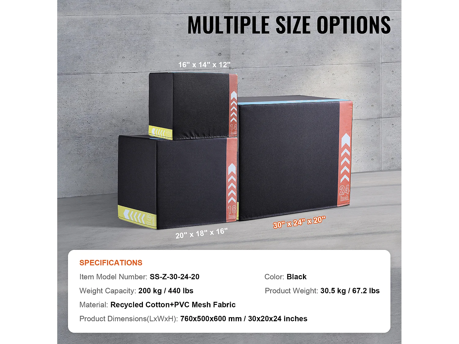 Cassa per Salto Pliometrico SucceBuy, Cassa Pliometrica 3 in 1, 76/60/50 cm, Carica 200 kg