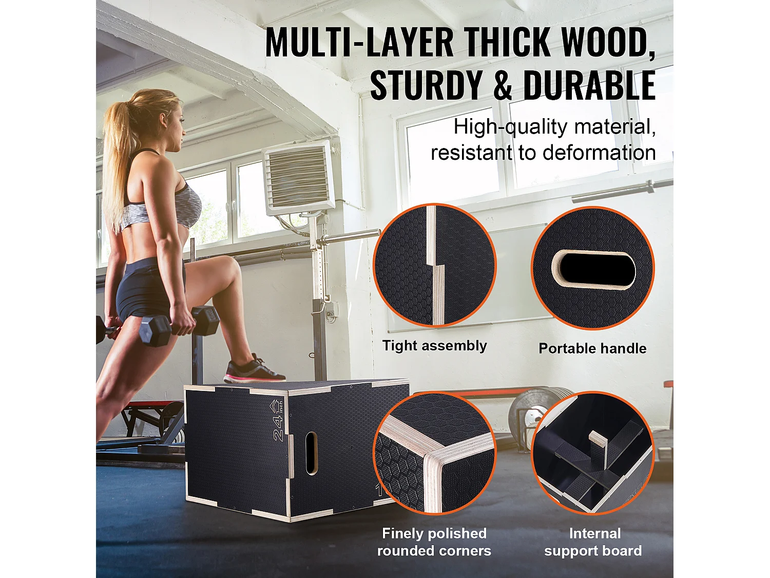 Pudło Skokowe Pliometryczne SucceBuy, Pudło Pliometryczne 3-w-1, Wysokość 60/50/40 cm, Ładunek 204 kg, do Treningu Przesiadów