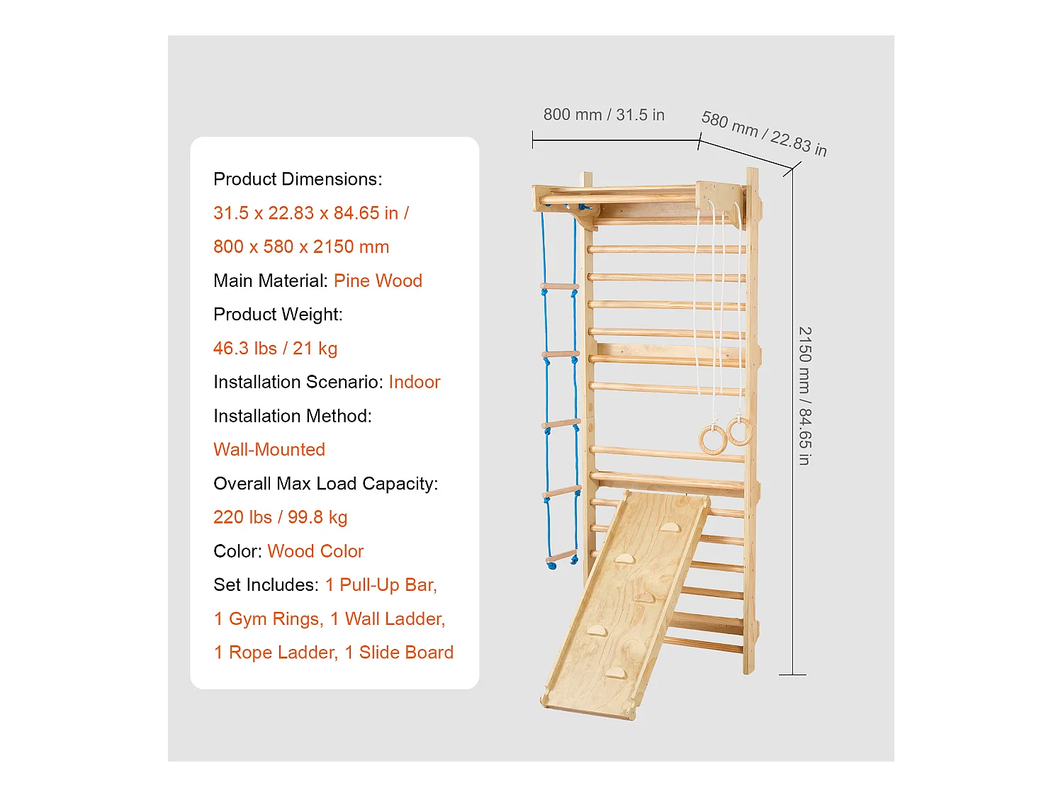 Échelle SucceBuy Murale Suédoise en Bois 5 en 1, Idéale pour Entraînement Physique et Gymnastique à Domicile ou en Salle de Sport