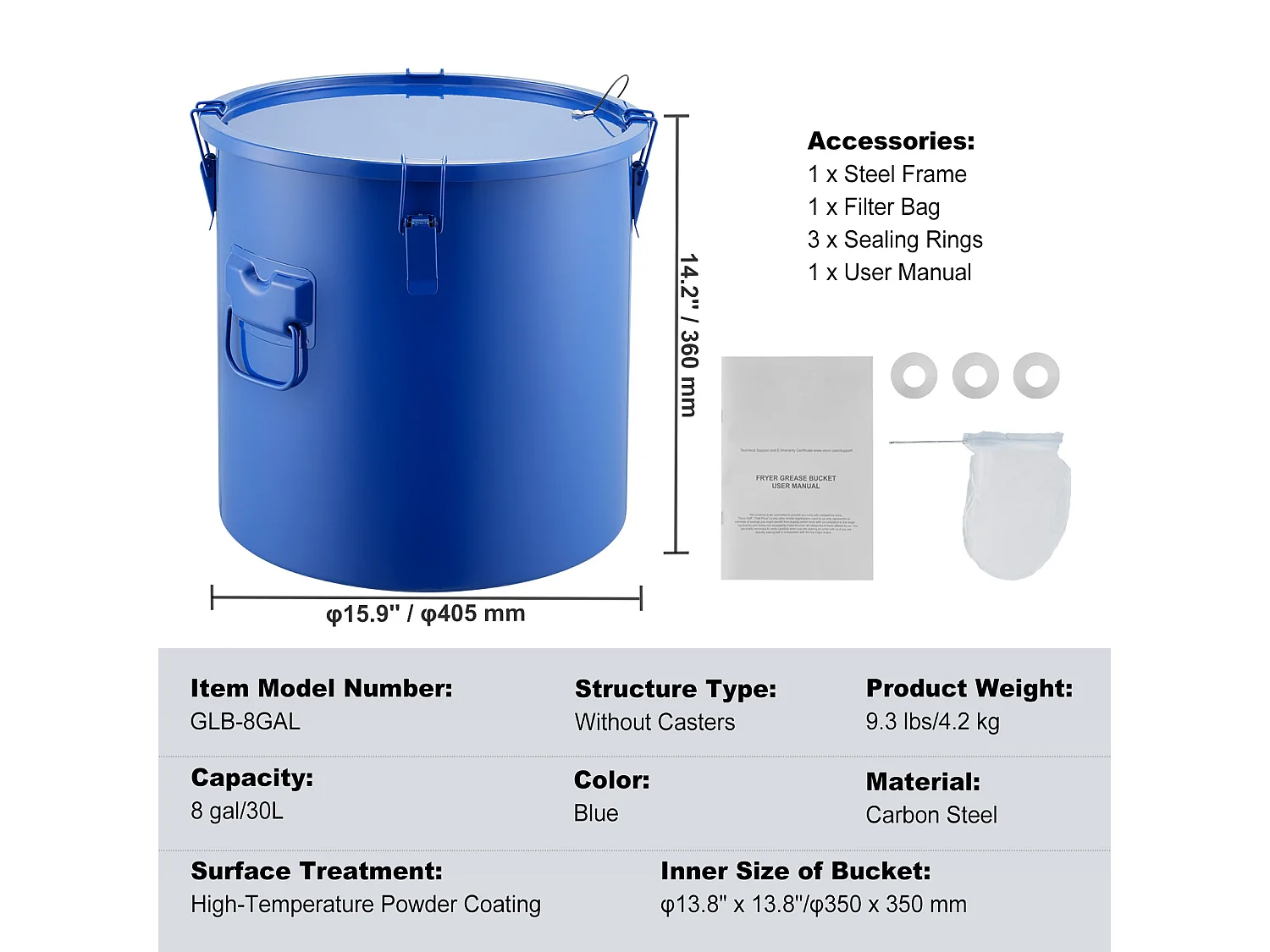 Seau à Graisse SucceBuy pour Friteuse, 30 L, Panier D'élimination de L'huile avec Sac Filtrant, Bleu, Acier au Carbone avec Revêtement Antirouille