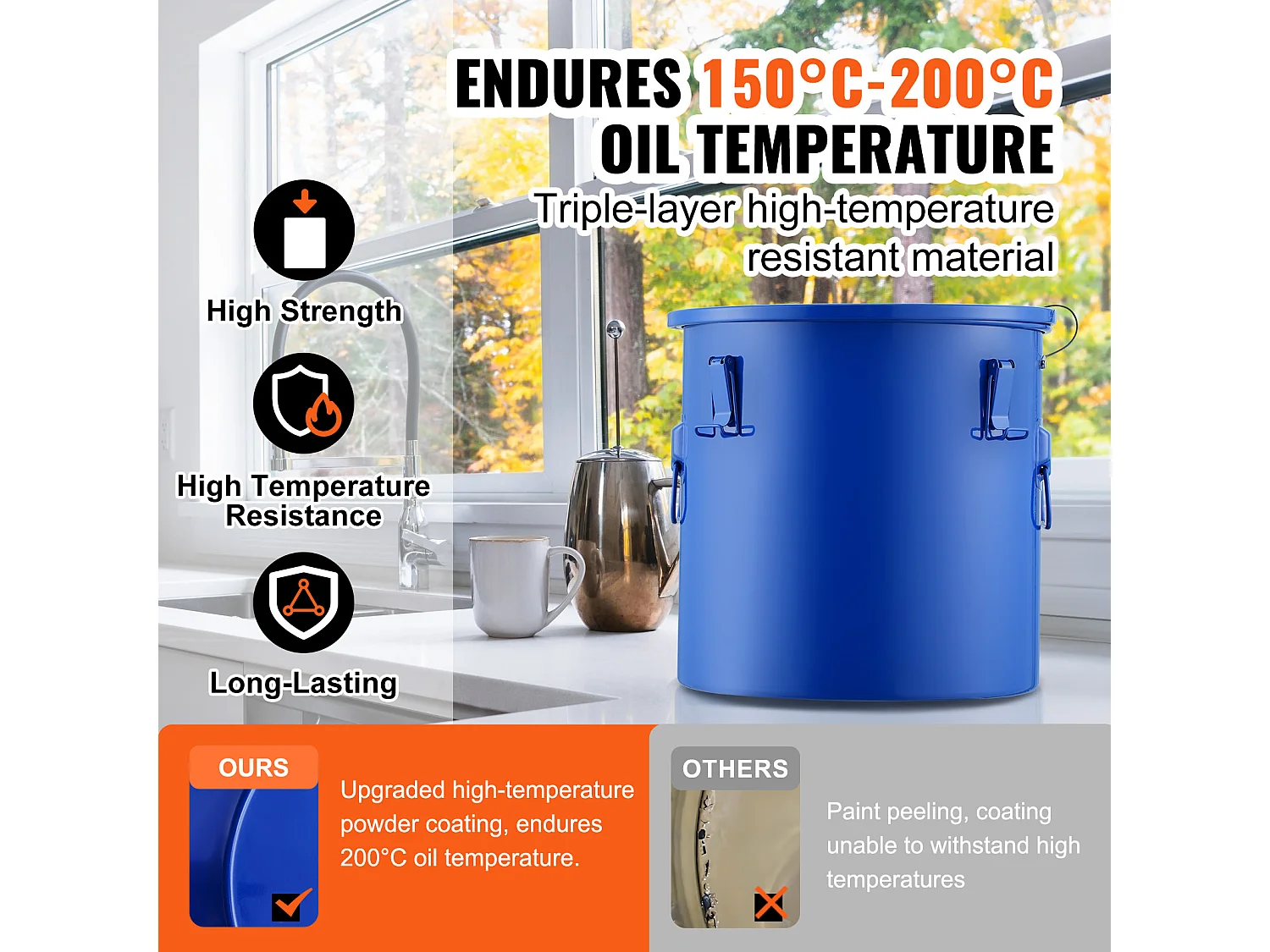 Seau à Graisse SucceBuy pour Friteuse, 30 L, Panier D'élimination de L'huile avec Sac Filtrant, Bleu, Acier au Carbone avec Revêtement Antirouille