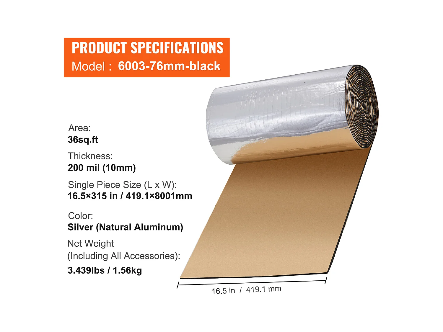 Tapis d'Isolation Phonique SucceBuy Rouleau de Tapis Antibruit à Charge Massive, 41,9 x 800 cm, Noir