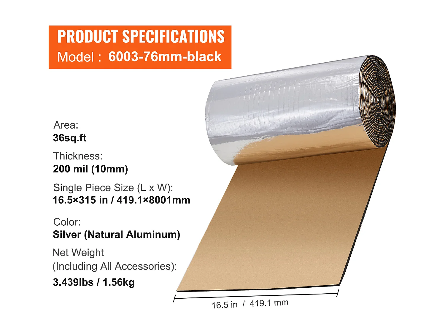 Geluidsisolatietapijt SucceBuy Rol van Massa Beladen Anti-Lawaaitapijt, 41,9 x 800 cm, Zwart