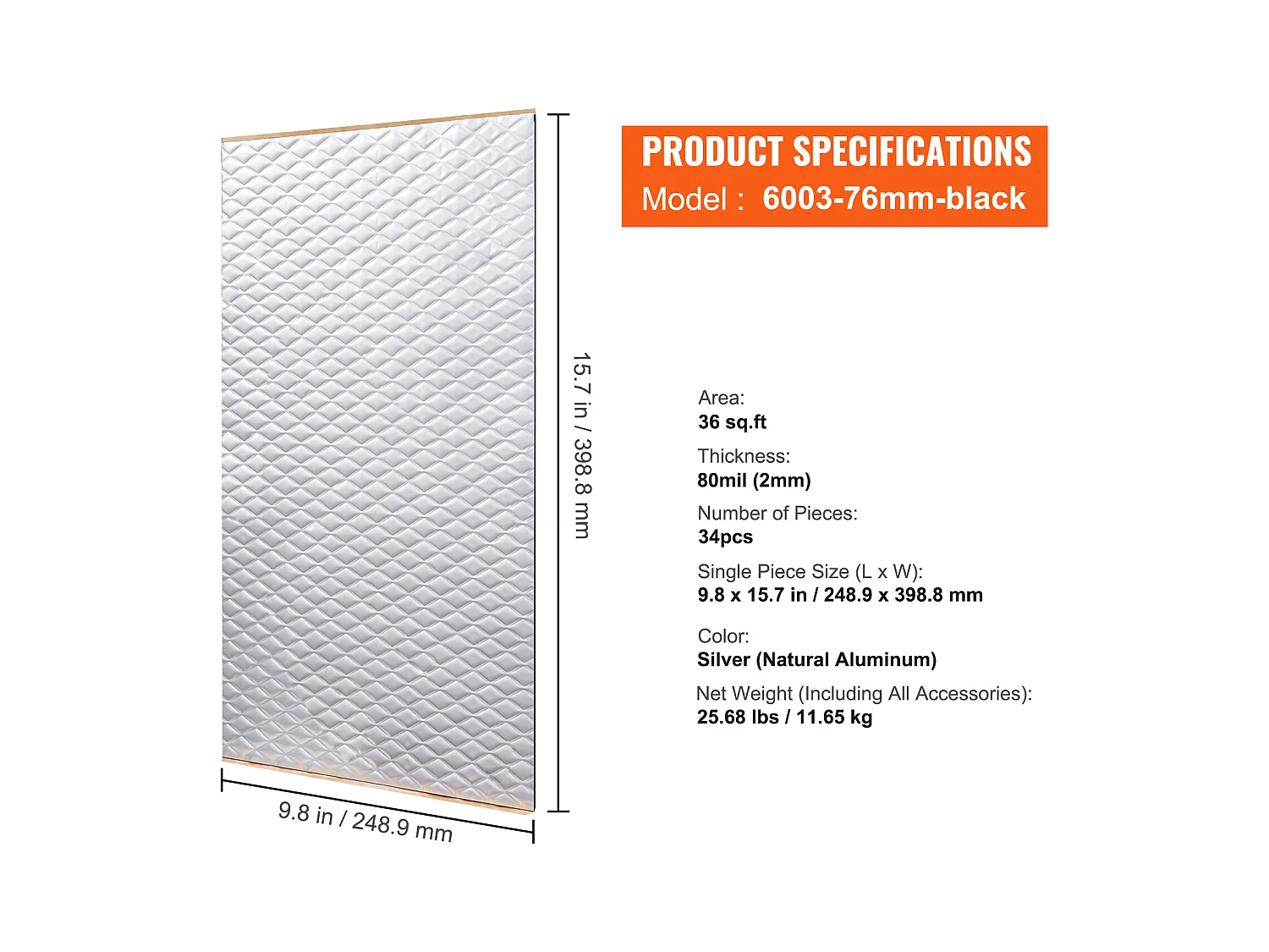 Tapis d'Isolation Phonique SucceBuy Feuille d'Absorption Acoustique 3.3 m² 24,9 x 39,9 x 0.2 cm pour Véhicule