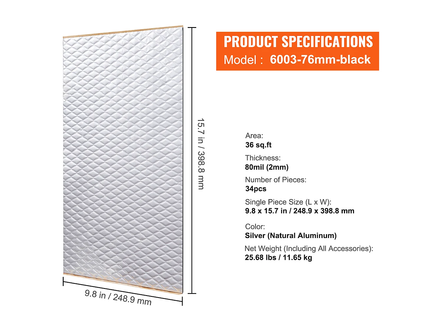 Tapis d'Isolation Phonique SucceBuy Feuille d'Absorption Acoustique 3.3 m² 24,9 x 39,9 x 0.2 cm pour Véhicule