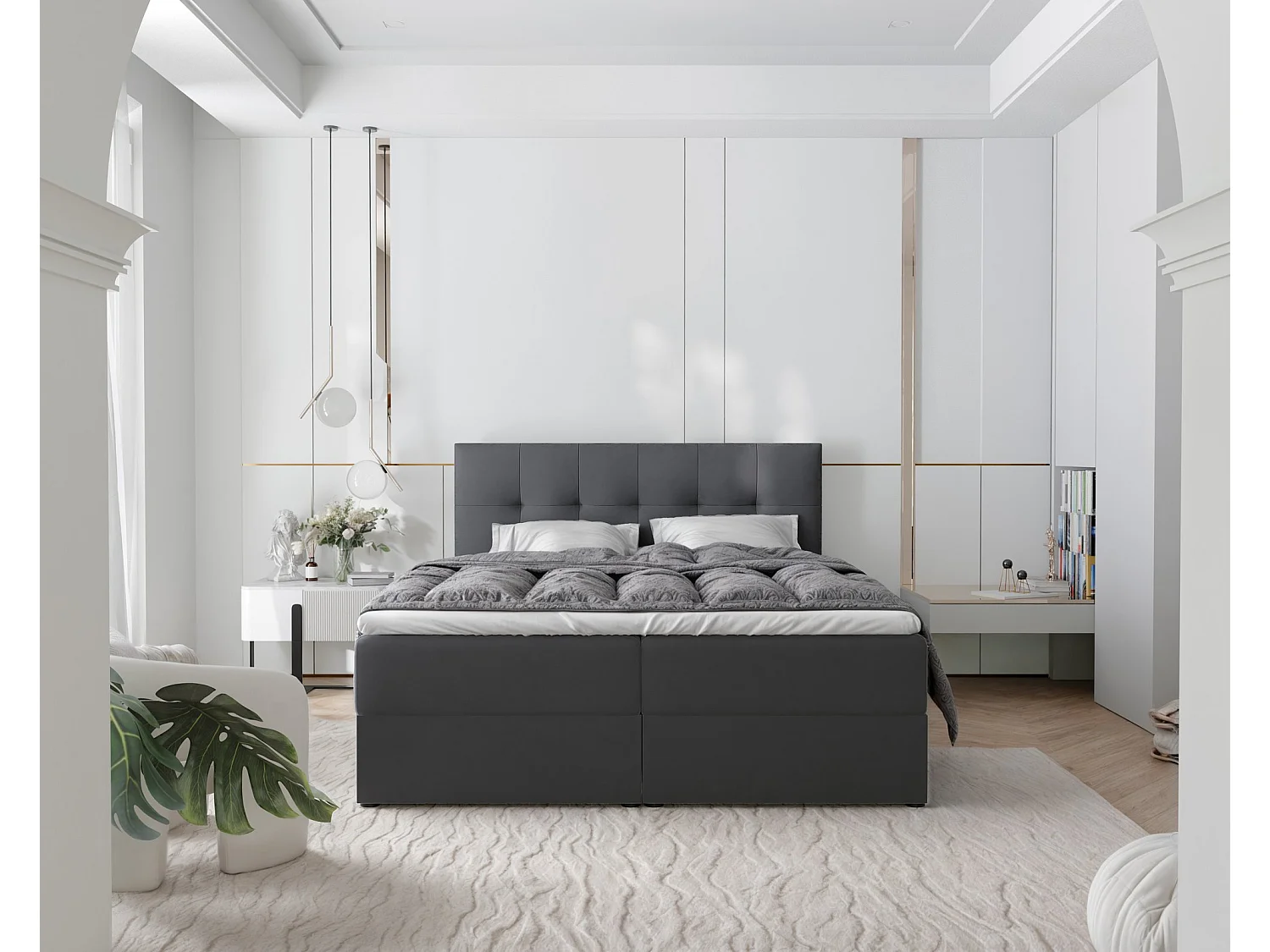 Lit continental rembourré avec surmatelas, gris anthracite - 160x200 - RENZO