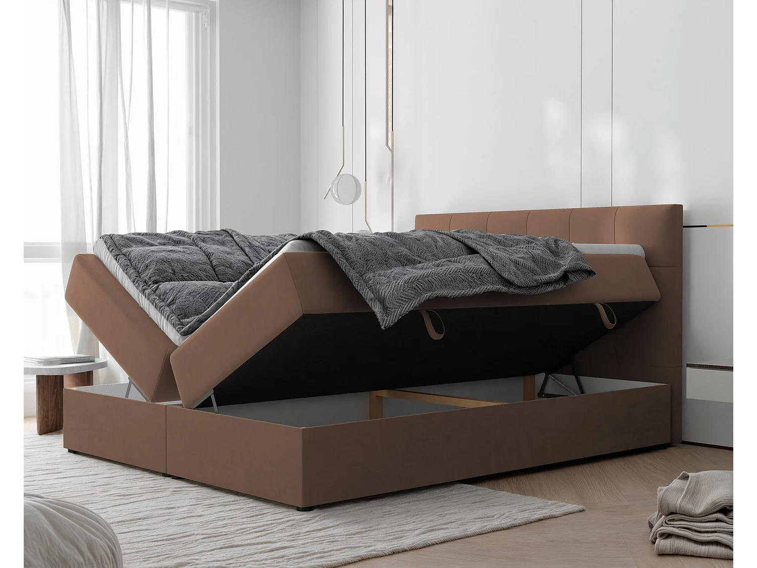 Lit continental rembourré avec surmatelas, marron - 200x200 - RENZO