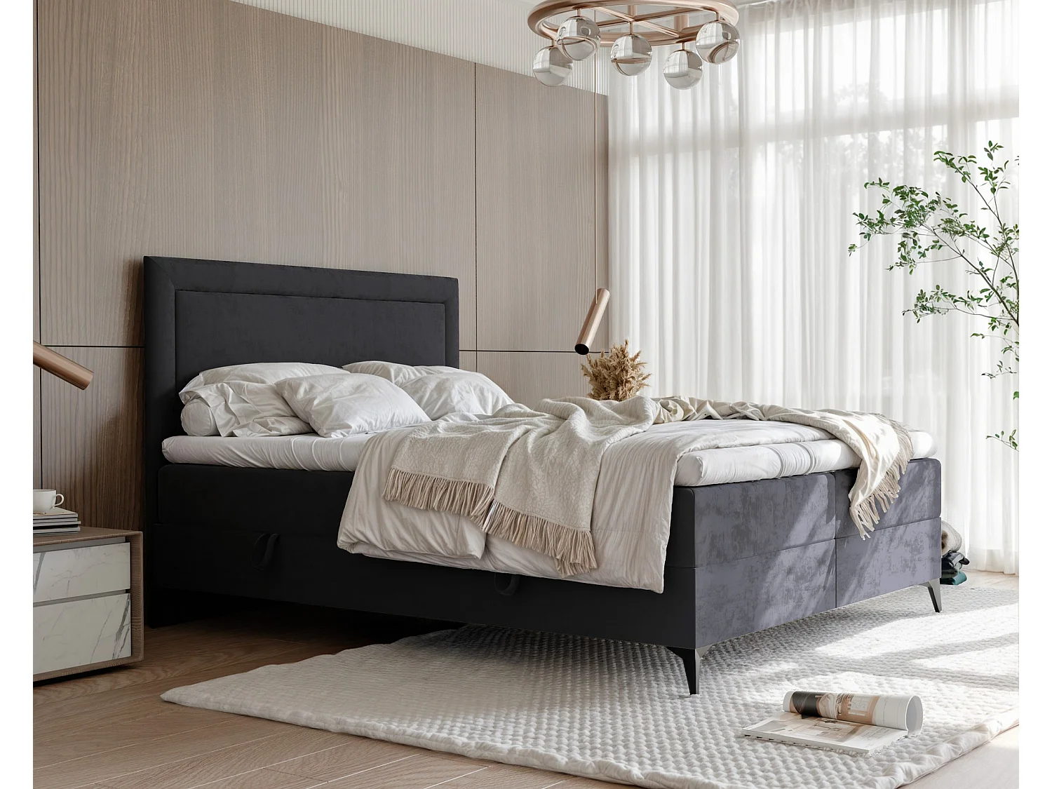 Lit continental rembourré avec surmatelas, noir - 200x200 - NERO