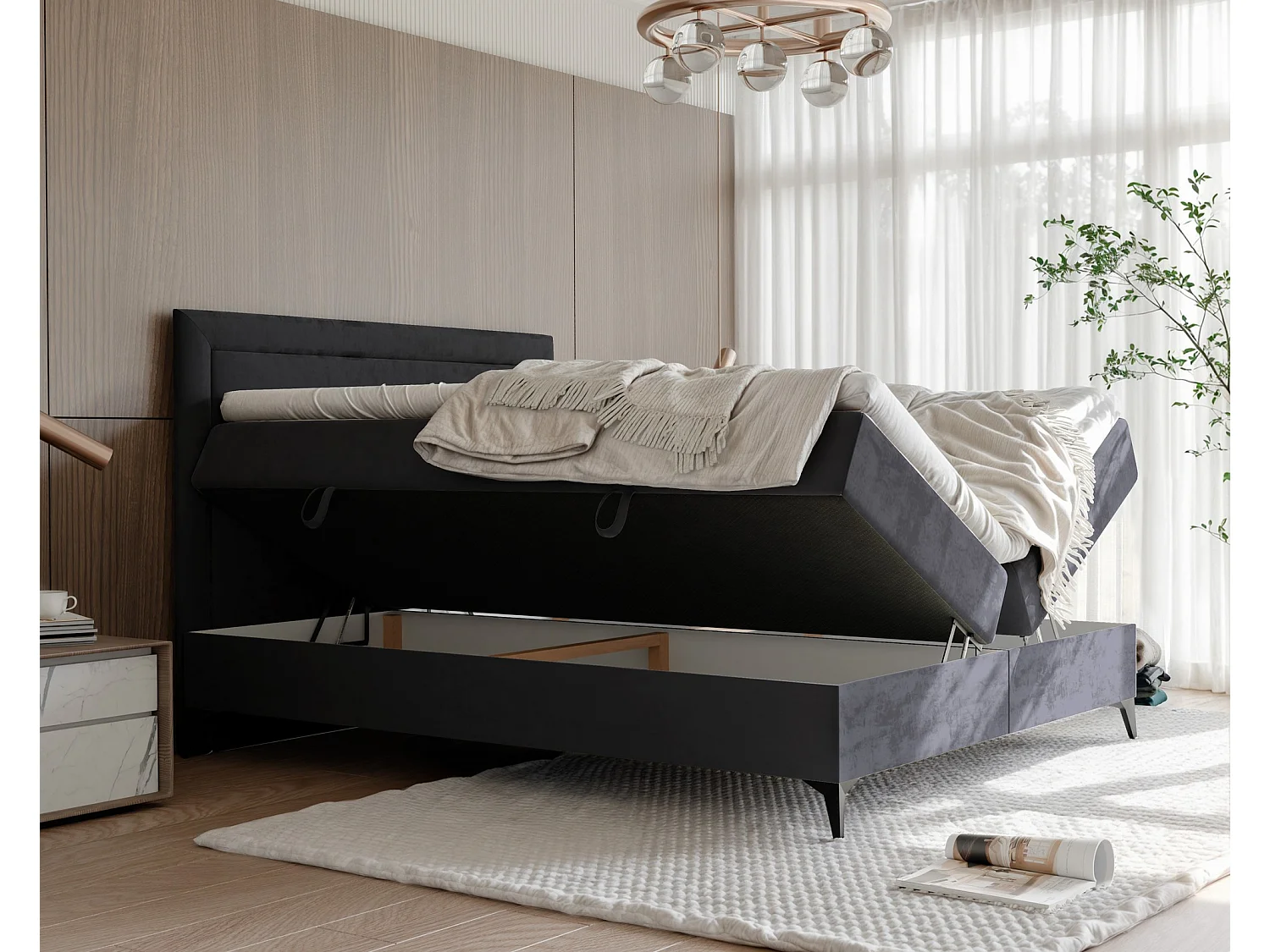 Lit continental rembourré avec surmatelas, noir - 200x200 - NERO