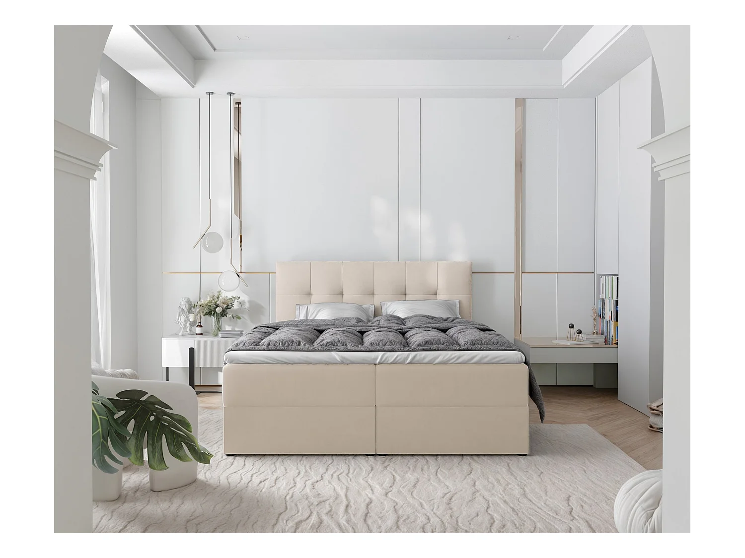 Lit continental rembourré avec surmatelas, crème - 200x200 - RENZO