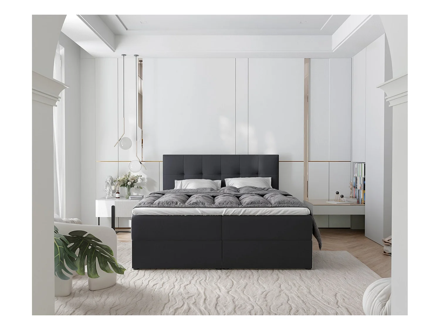 Lit continental rembourré avec surmatelas, noir - 160x200 - RENZO