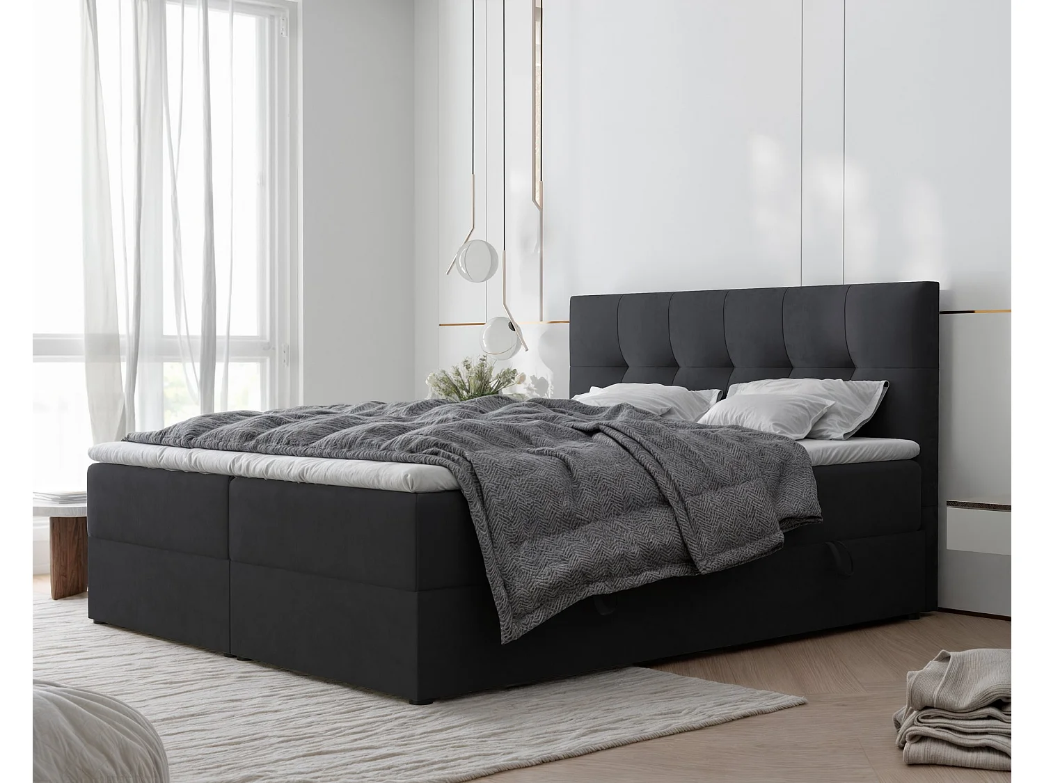 Lit continental rembourré avec surmatelas, noir - 160x200 - RENZO