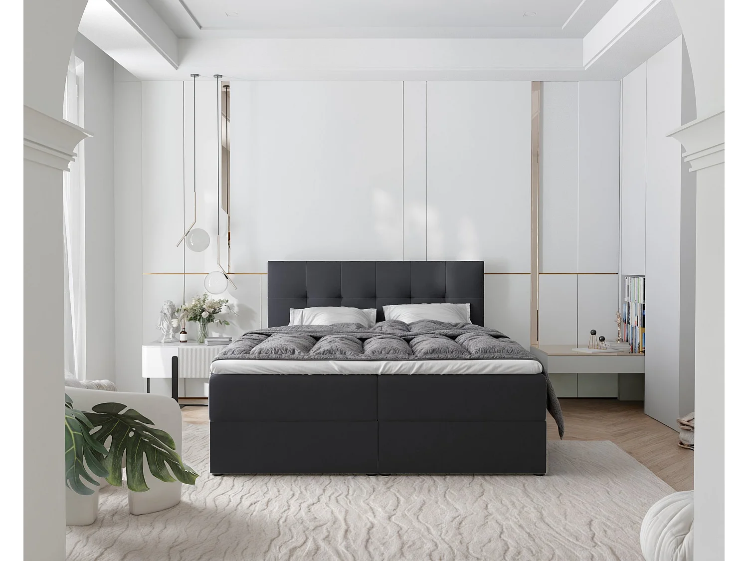 Lit continental rembourré avec surmatelas, noir - 160x200 - RENZO