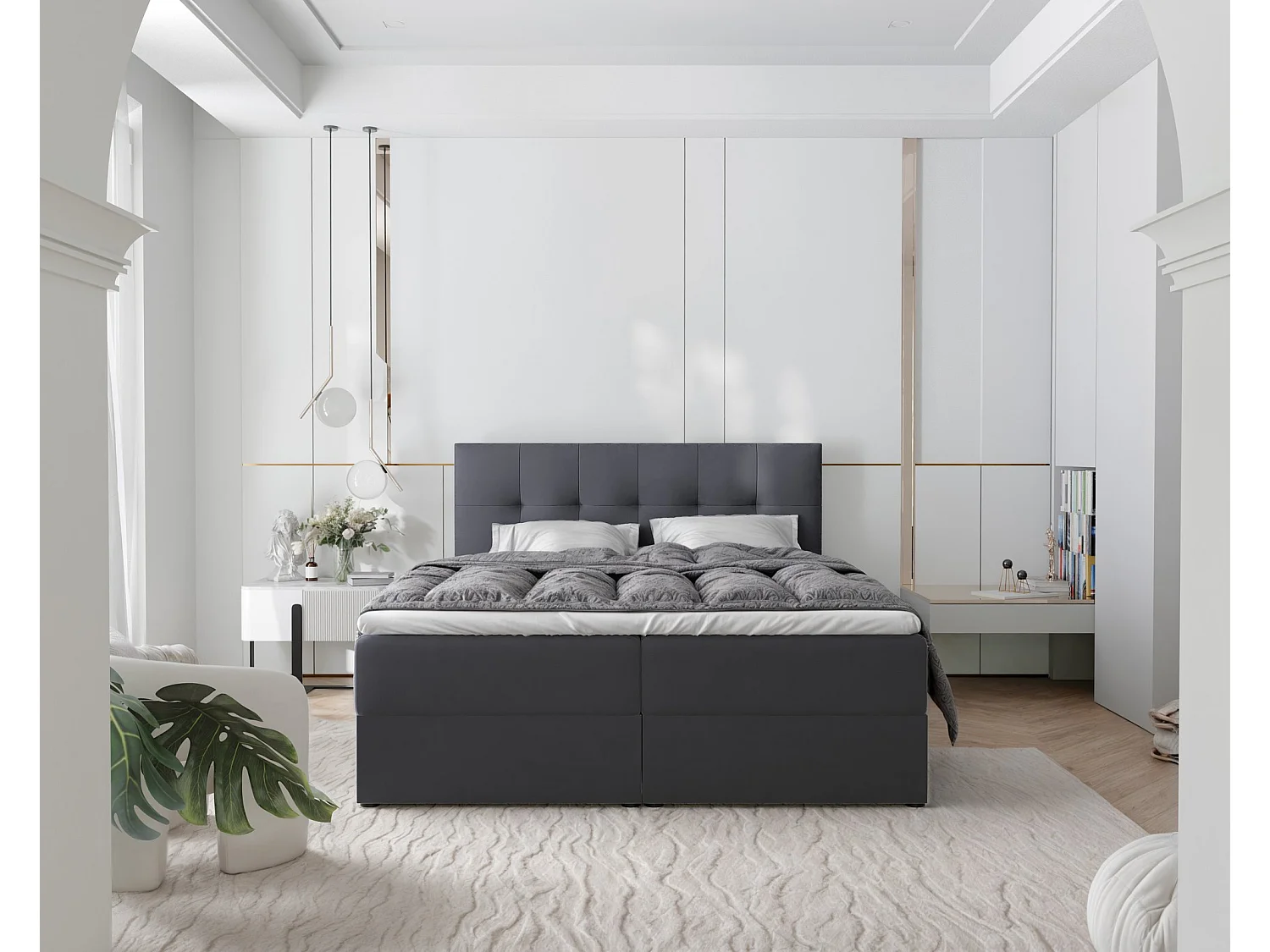 Lit continental rembourré avec surmatelas, gris anthracite - 140x200 - RENZO