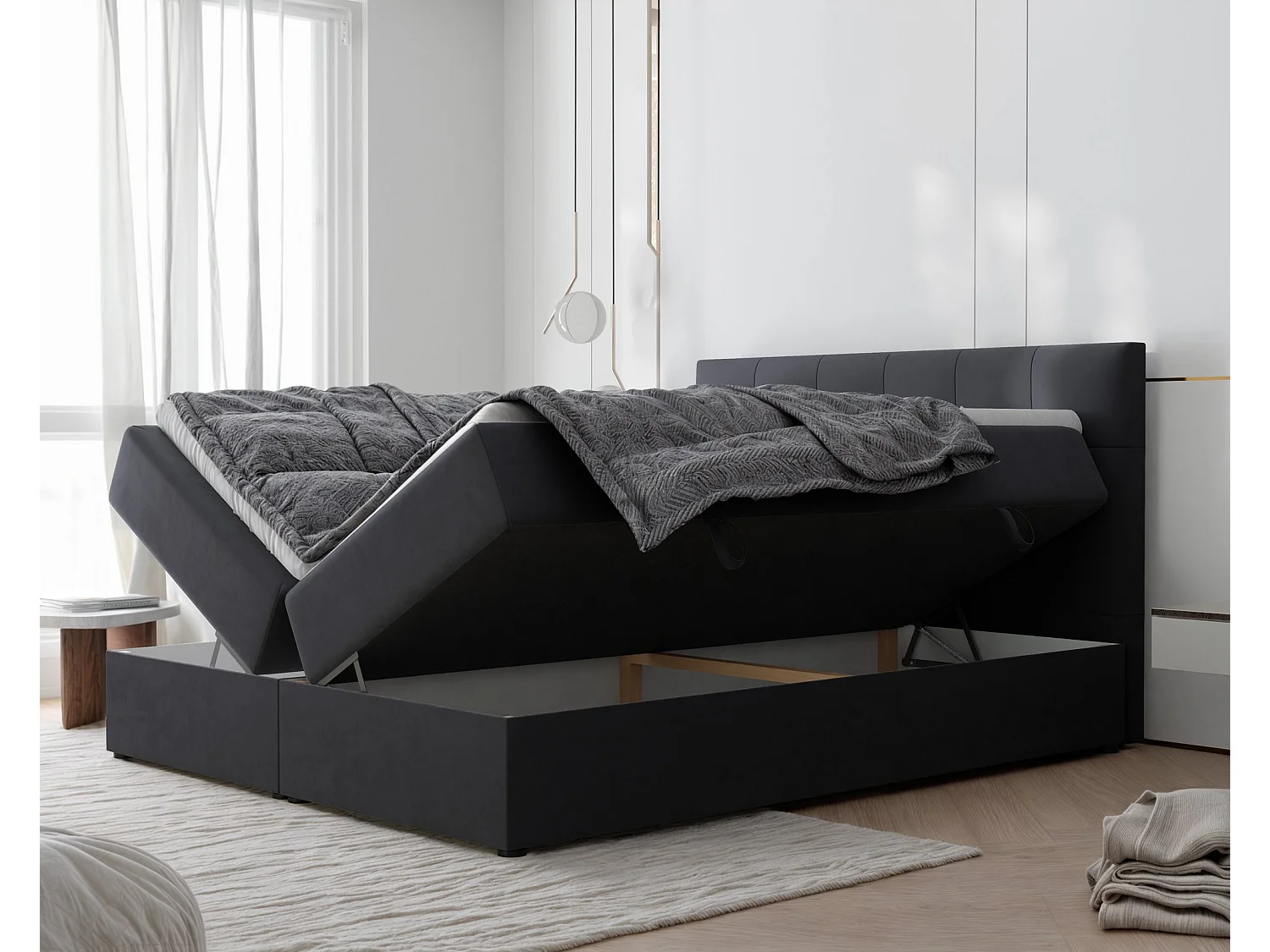 Lit continental rembourré avec surmatelas, gris anthracite - 140x200 - RENZO