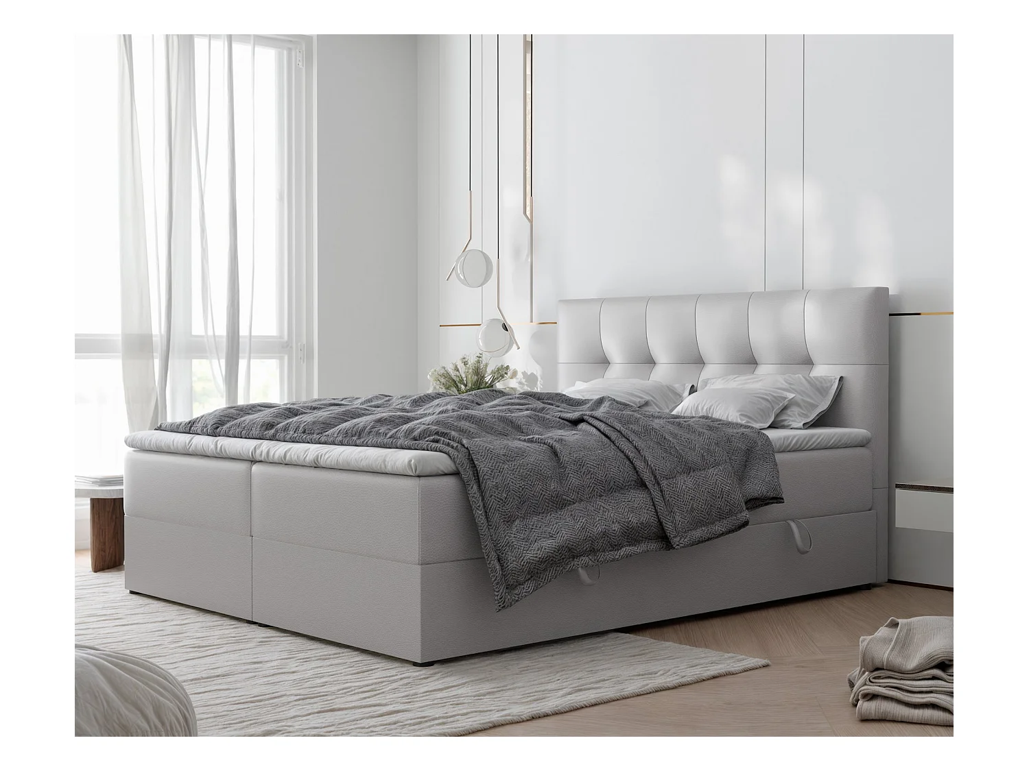 Lit continental rembourré avec surmatelas, gris  - 120x200 - RENZO