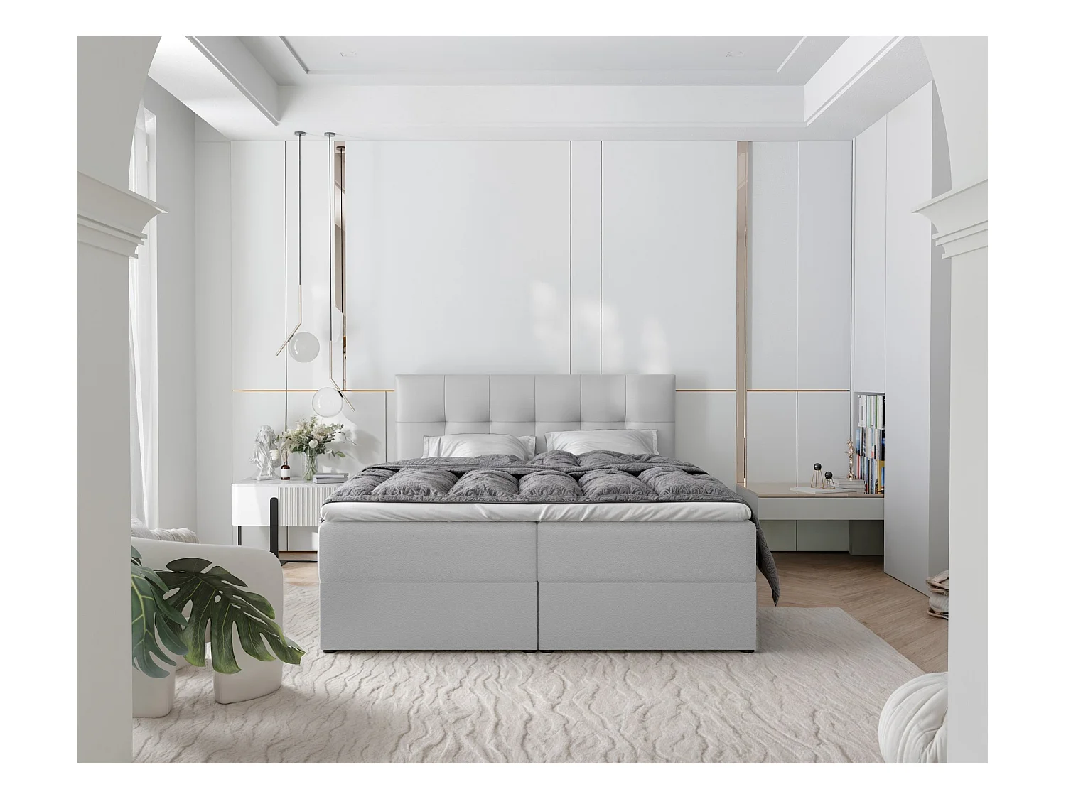 Lit continental rembourré avec surmatelas, gris  - 120x200 - RENZO