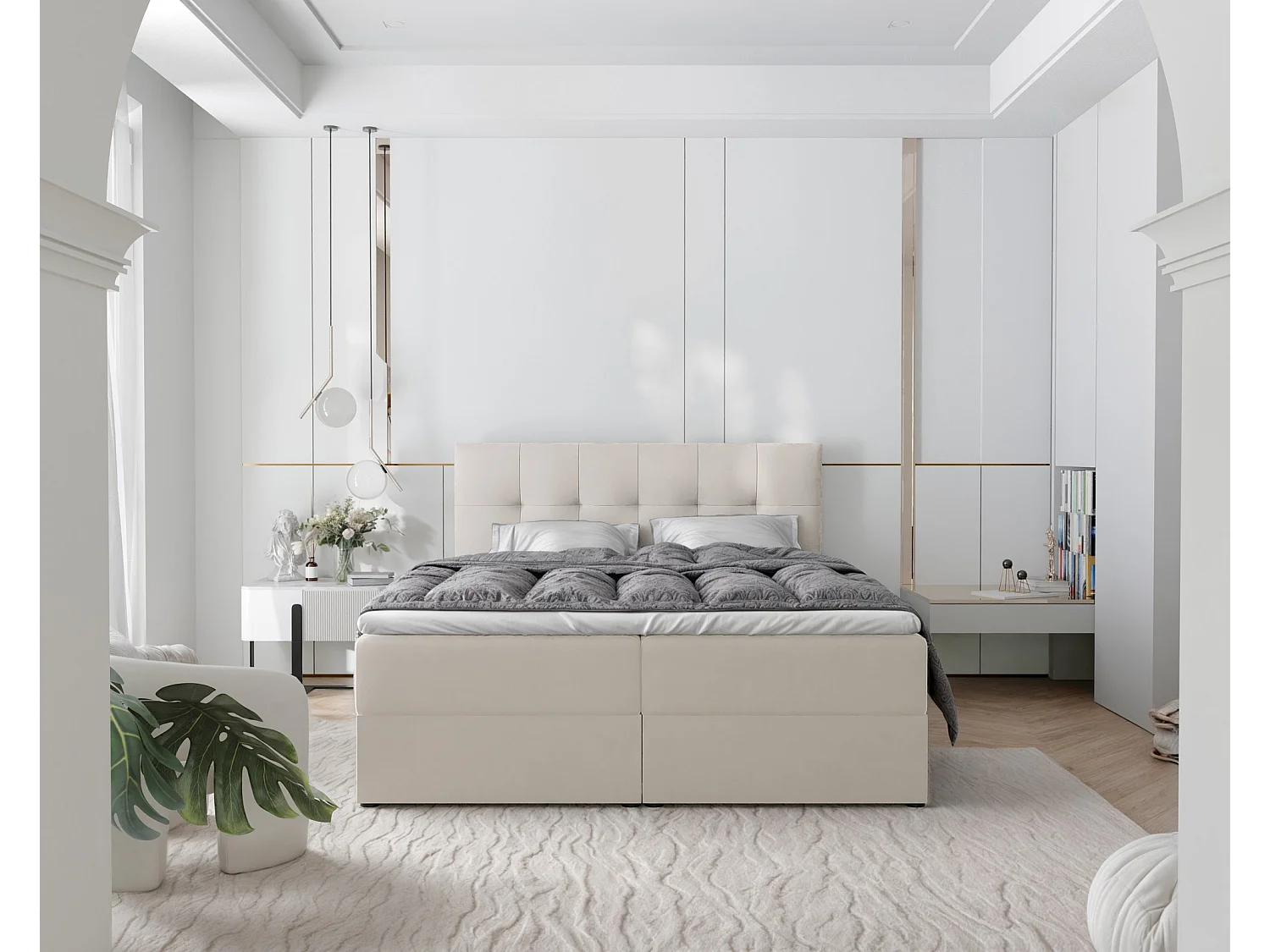 Lit continental rembourré avec surmatelas, beige - 140x200 - RENZO