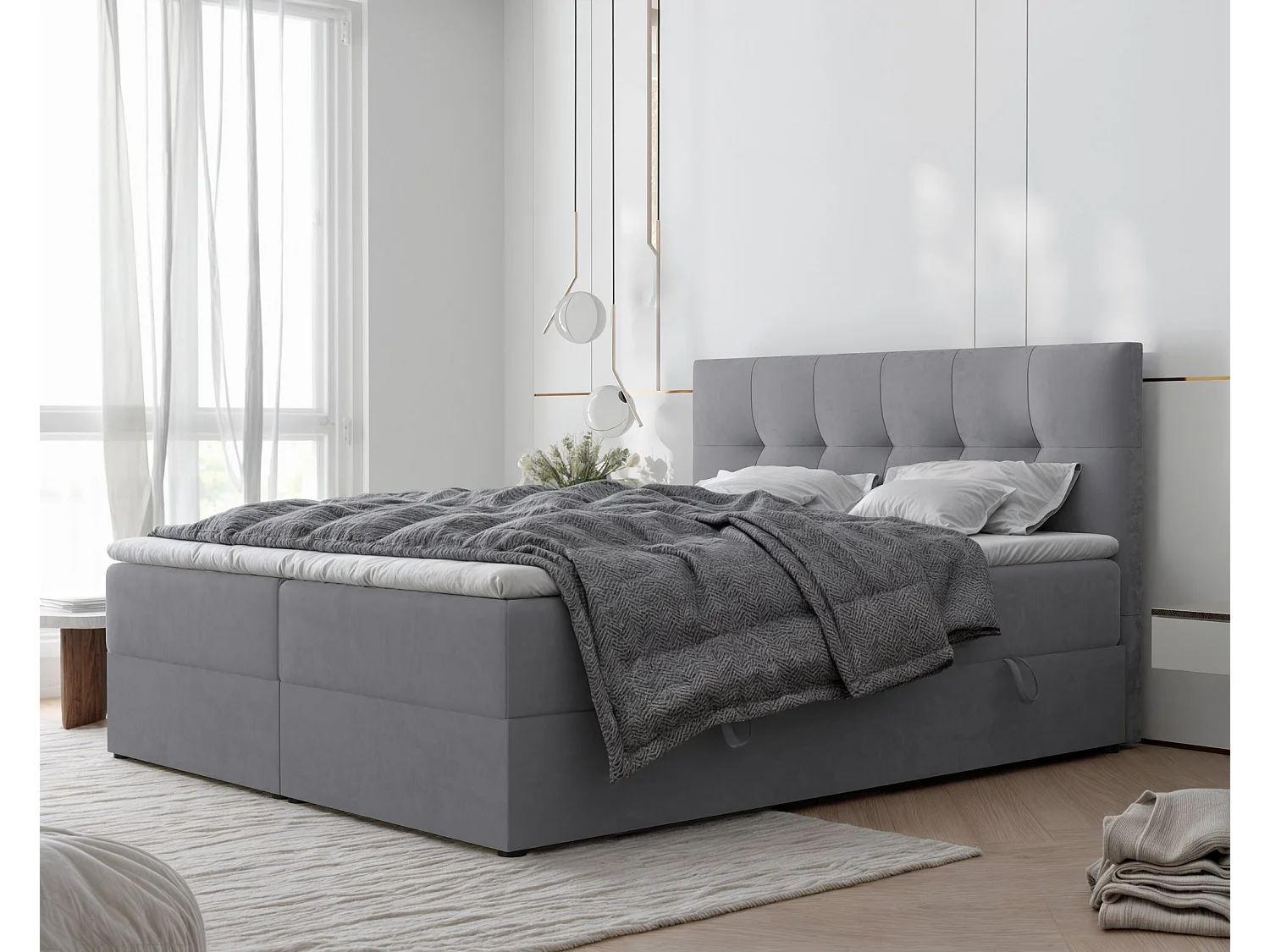 Lit continental rembourré avec surmatelas, gris clair - 160x200 - RENZO