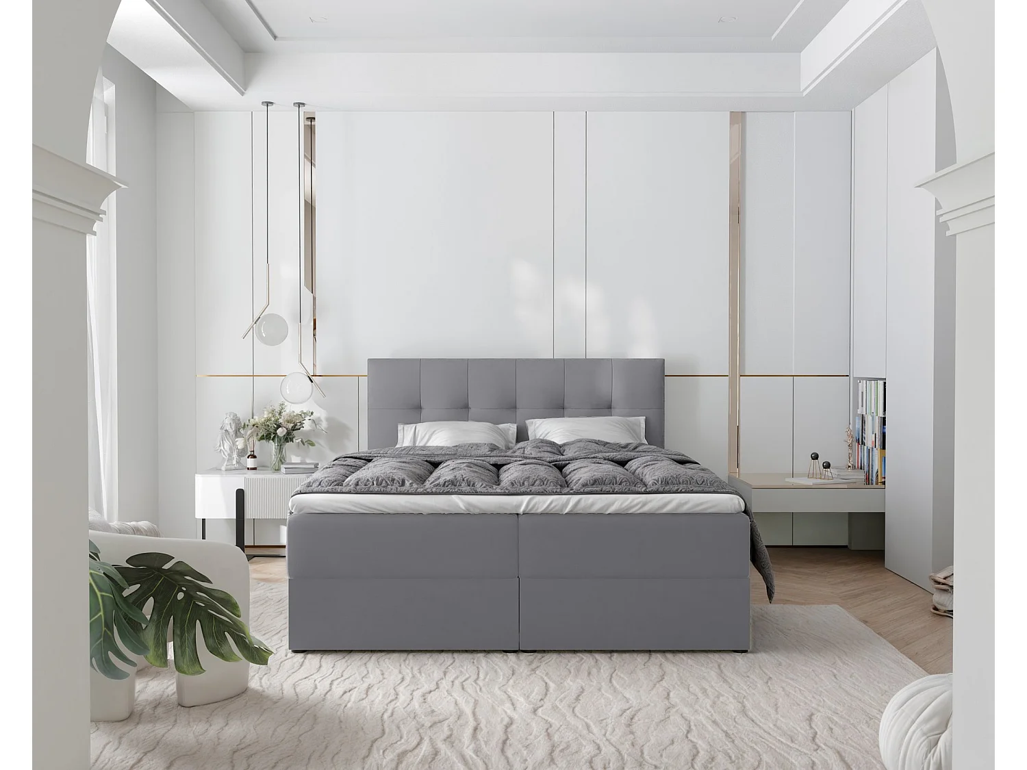 Lit continental rembourré avec surmatelas, gris clair - 160x200 - RENZO