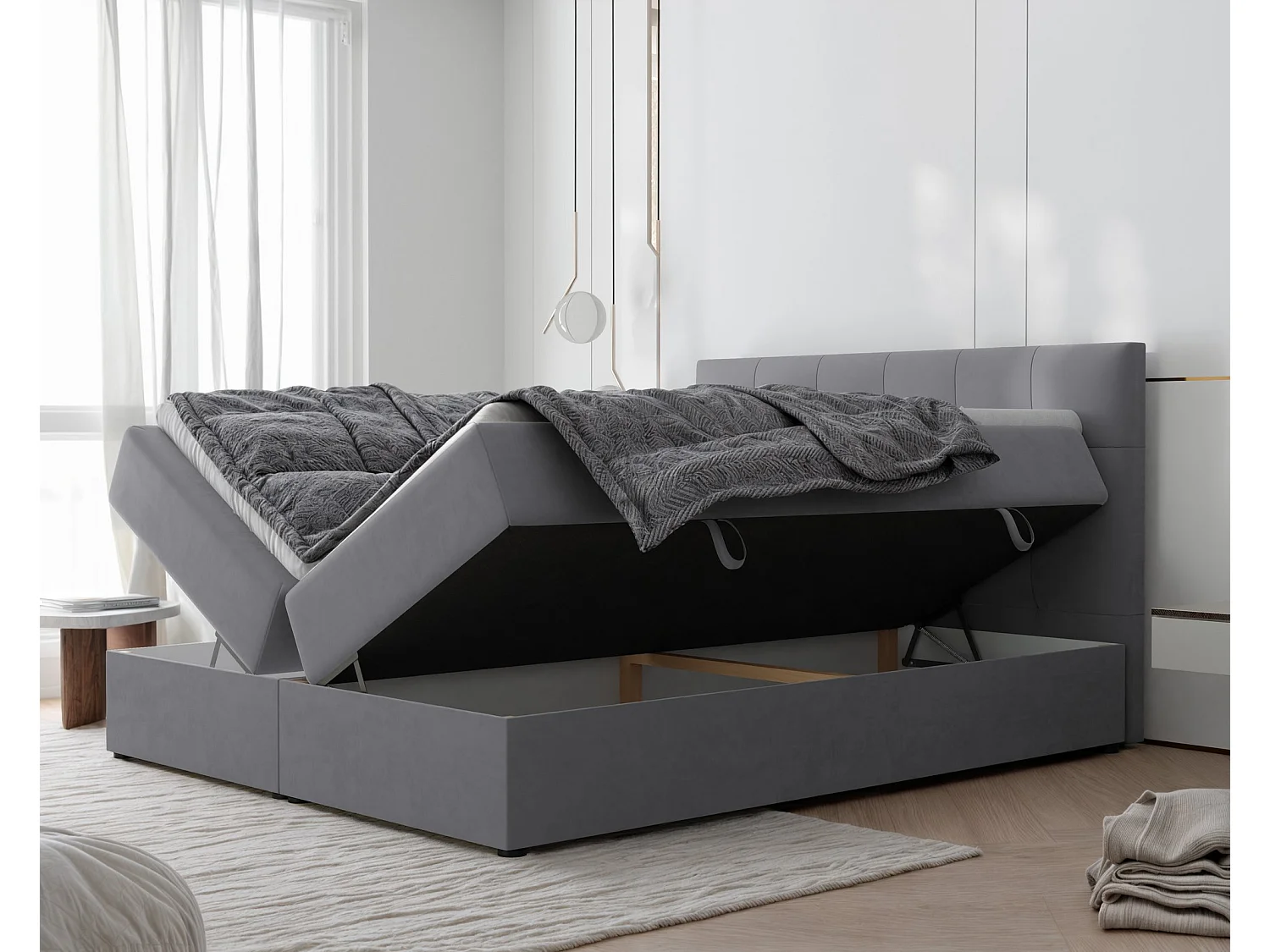 Lit continental rembourré avec surmatelas, gris clair - 160x200 - RENZO