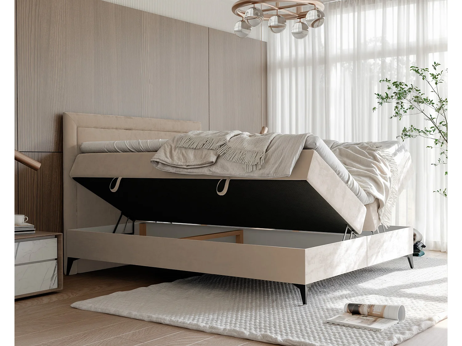 Lit continental rembourré avec surmatelas, crème - 200x200 - NERO