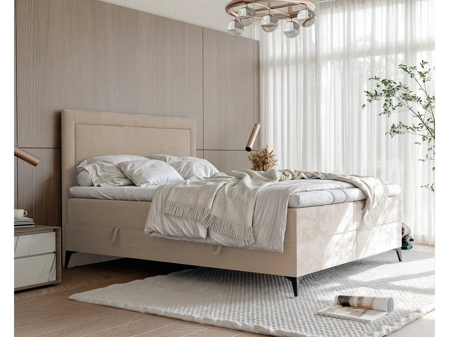 Lit continental rembourré avec surmatelas, crème - 200x200 - NERO