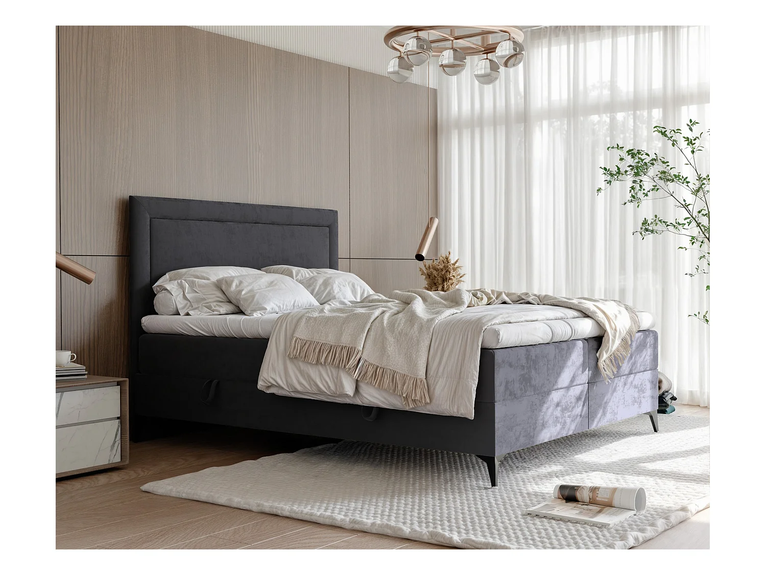 Lit continental rembourré avec surmatelas, gris anthracite - 200x200 - NERO