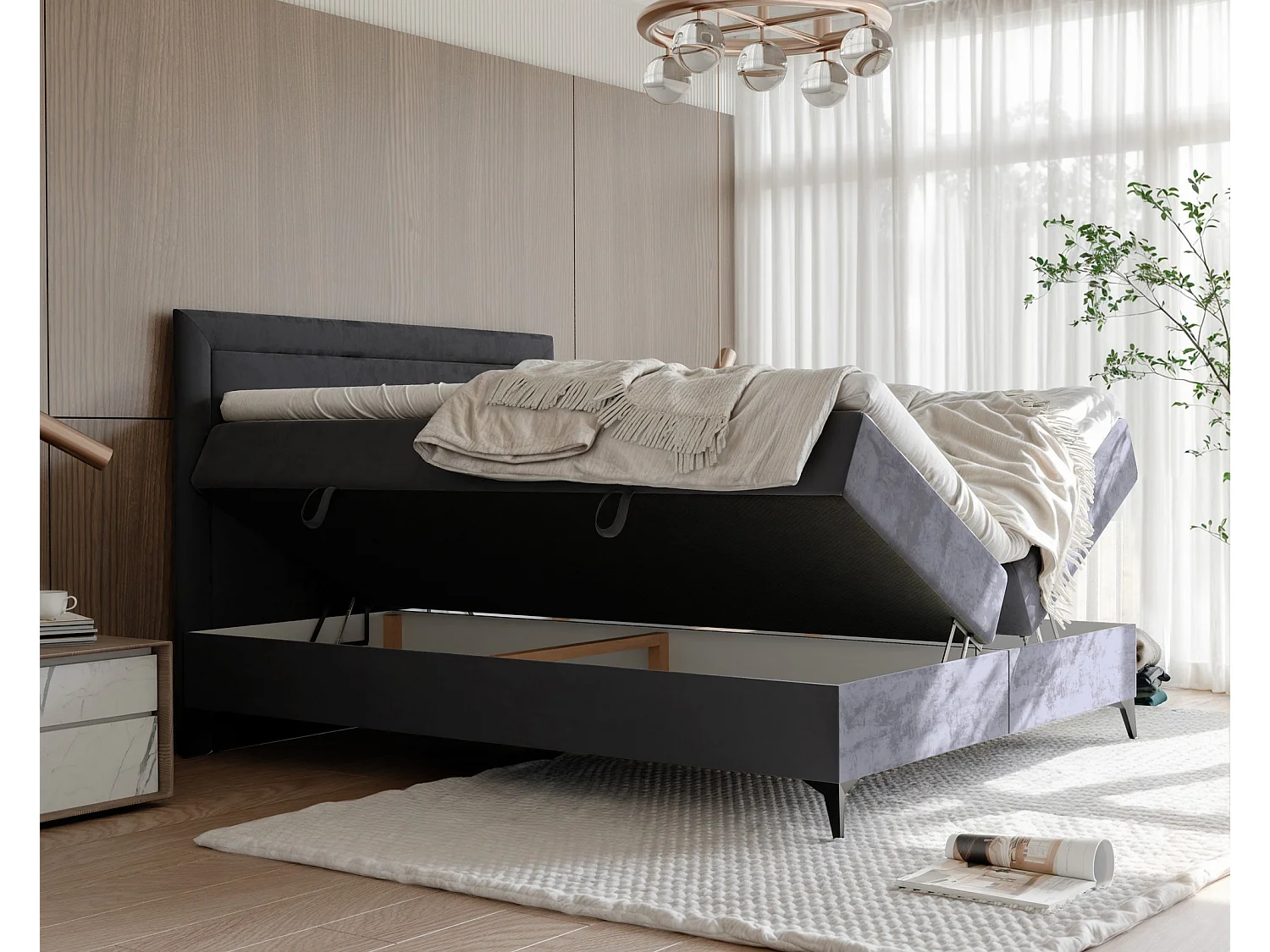 Lit continental rembourré avec surmatelas, gris anthracite - 200x200 - NERO