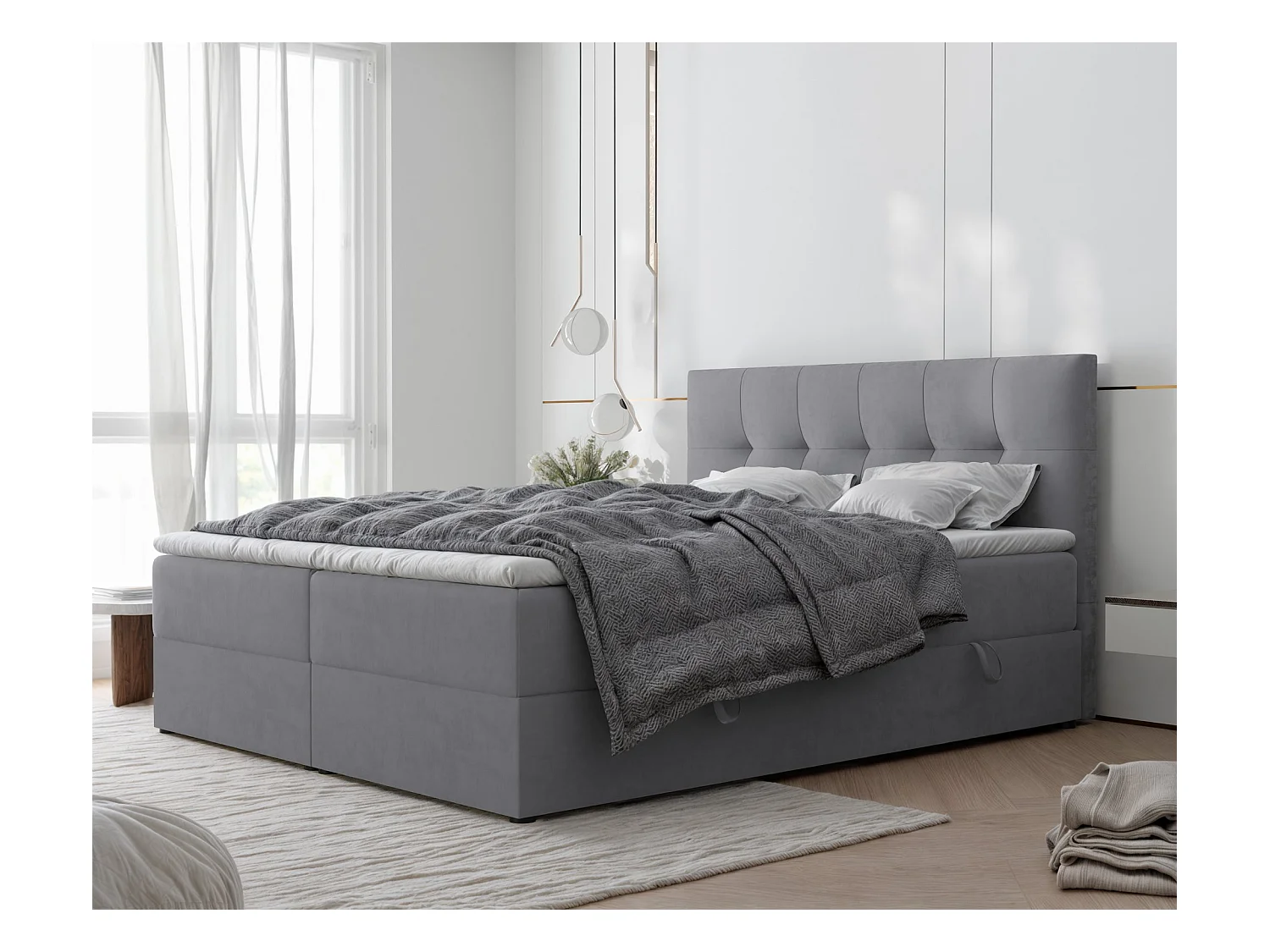 Lit continental rembourré avec surmatelas, gris clair - 120x200 - RENZO