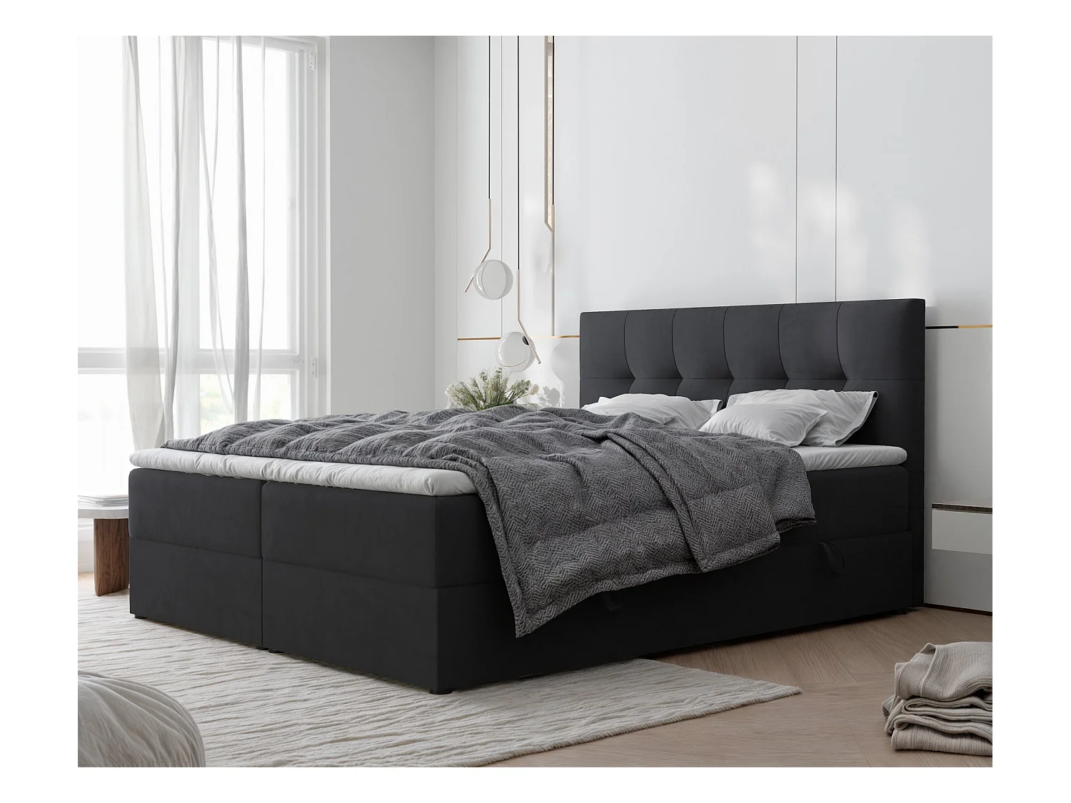 Lit continental rembourré avec surmatelas, noir - 180x200 - RENZO