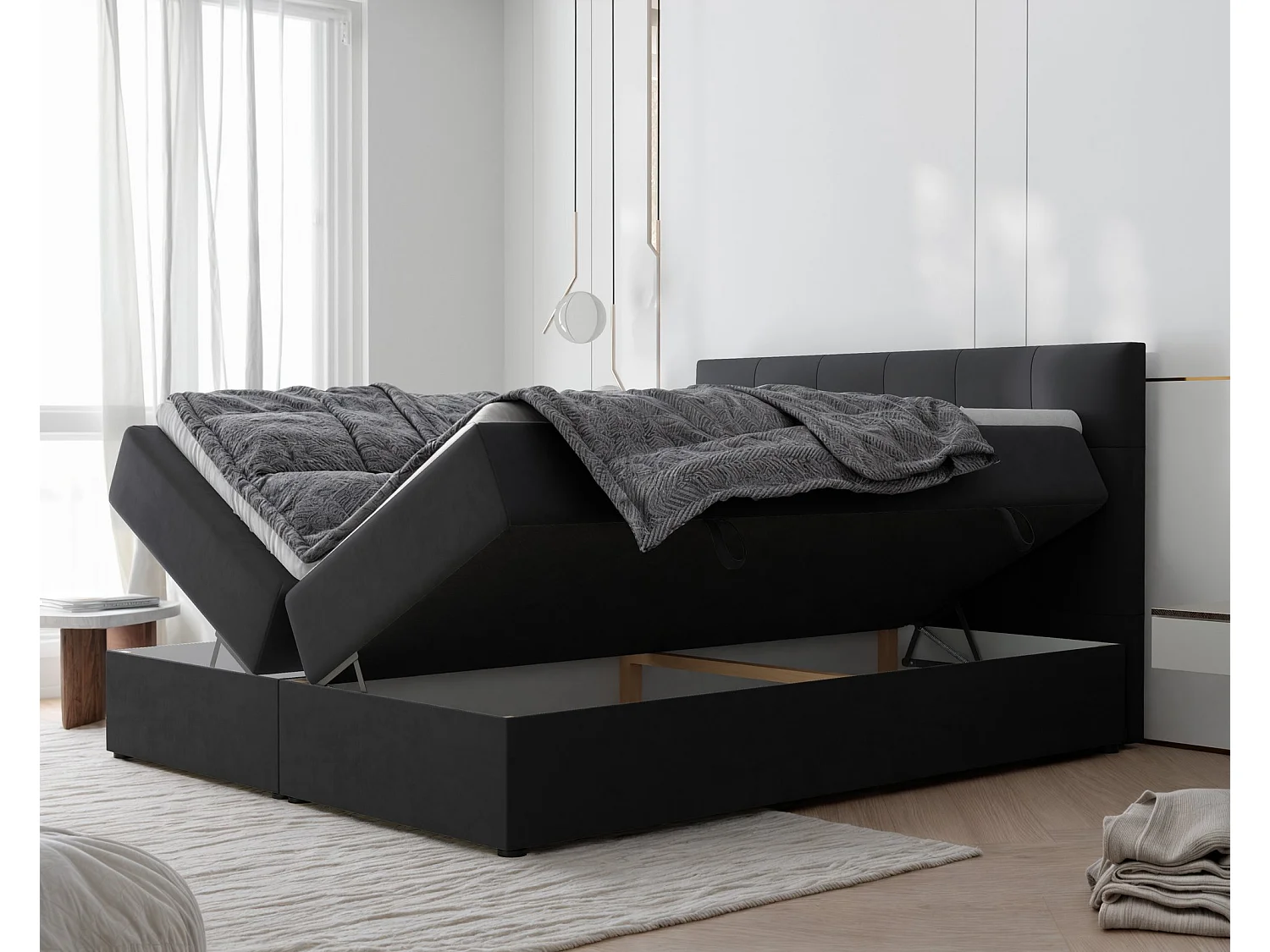 Lit continental rembourré avec surmatelas, gris anthracite - 140x200 - RENZO