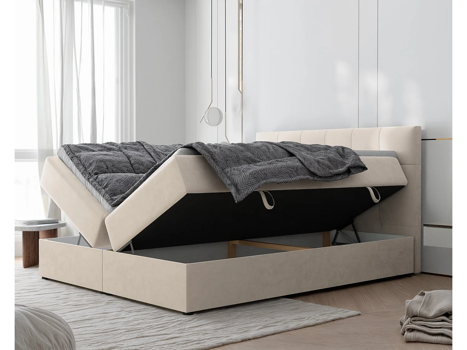 Lit continental rembourré avec surmatelas, beige - 180x200 - RENZO